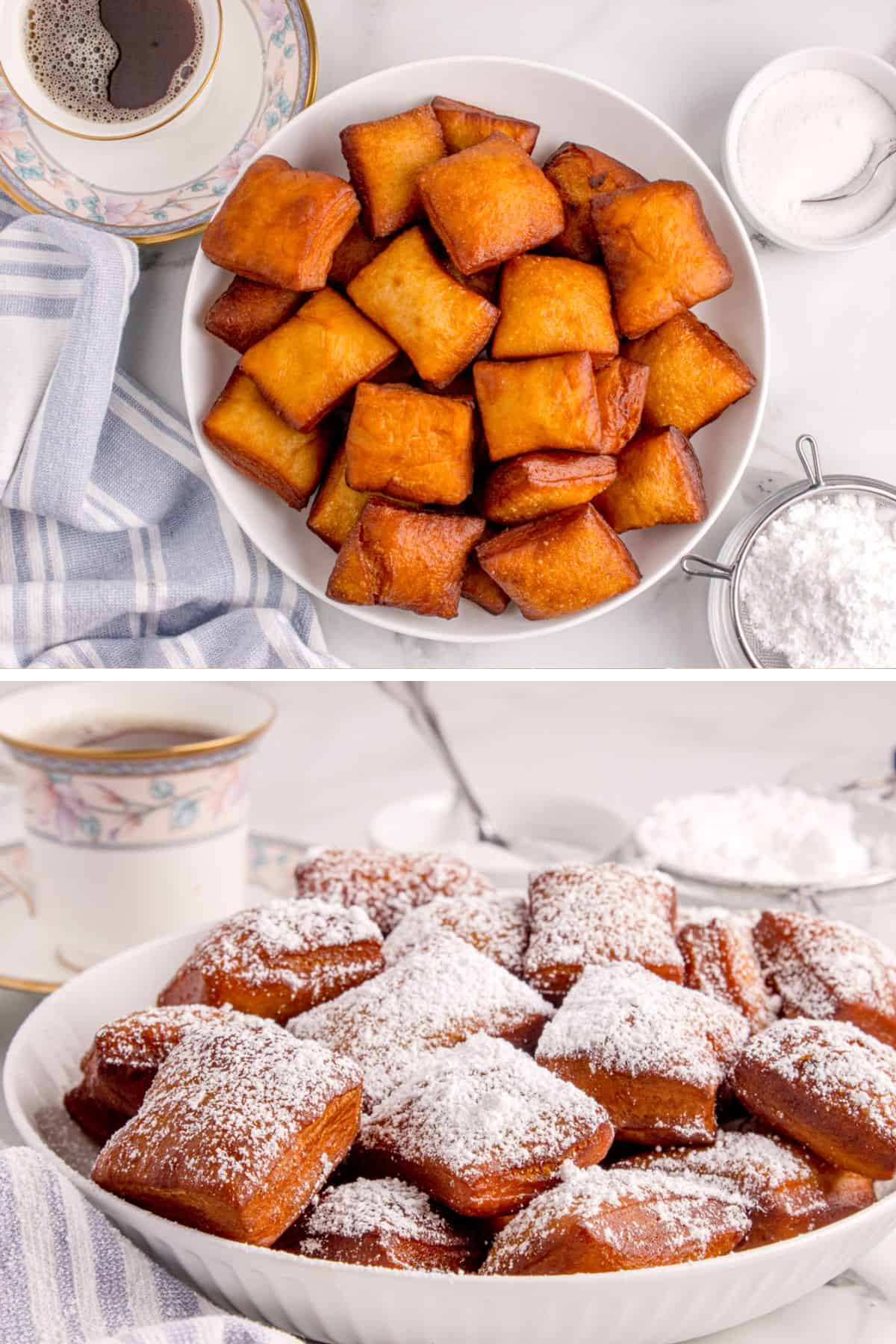The fried dough is coated in powdered sugar.