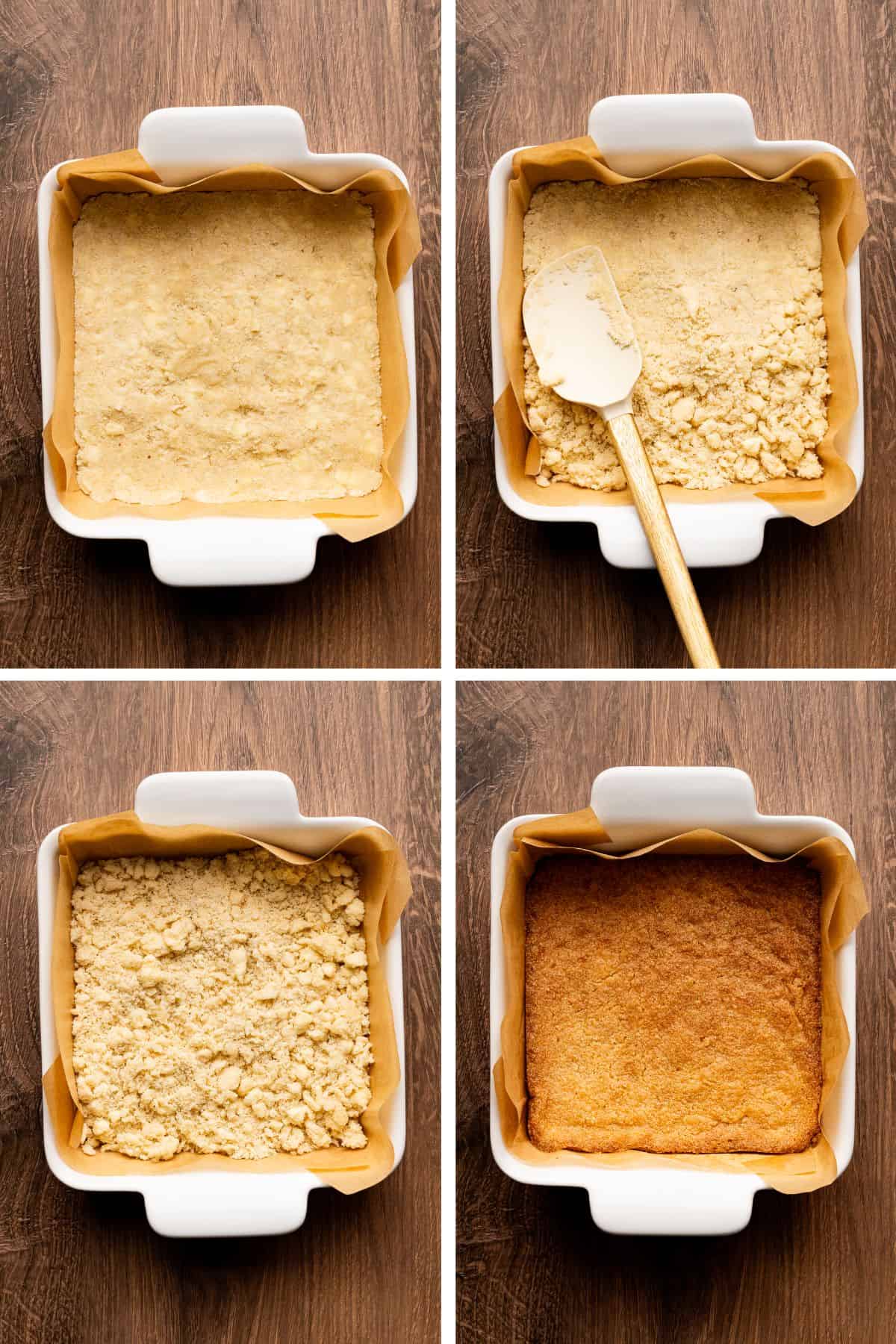 The crust mixture is pressed firmly into an 8x8 baking pan and baked until golden brown.