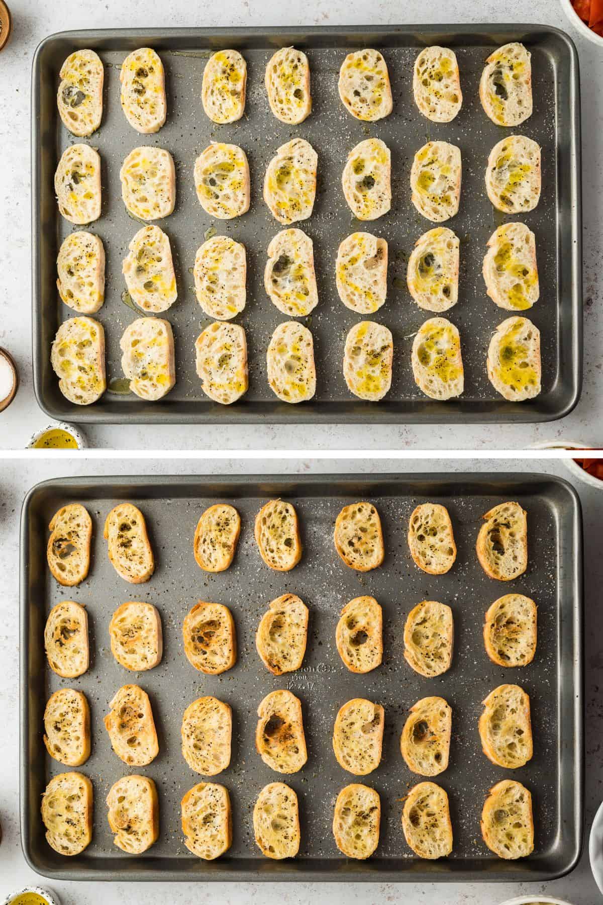 Slices of baguette are topped with olive oil and garlic, then toasted.