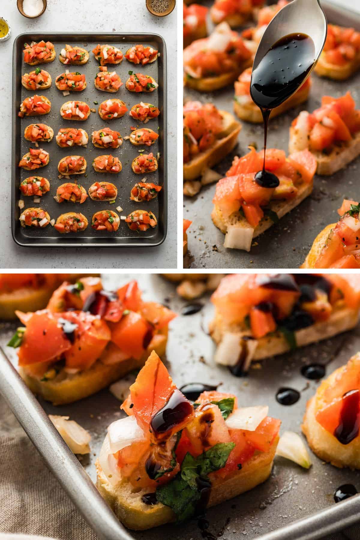The toasted baguette is topped with the tomato bruschetta mixture, then drizzled with balsamic glaze.
