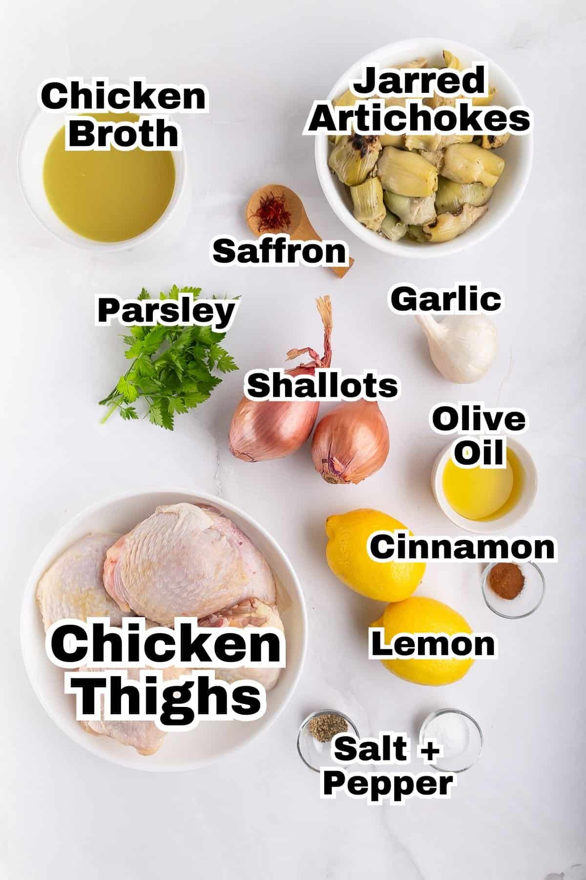The ingredients needed to make artichoke chicken are in individual bowls.