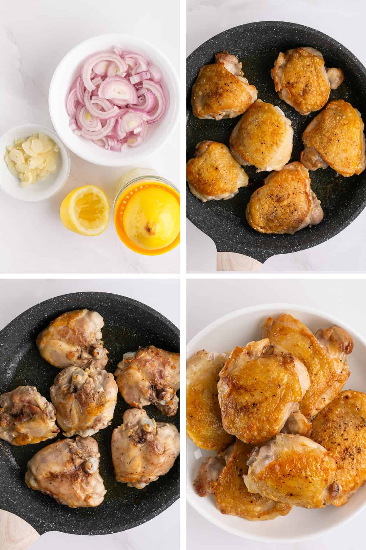 Shallots and garlic are sliced, and a lemon is halved; then, chicken thighs are fried in a skillet.
