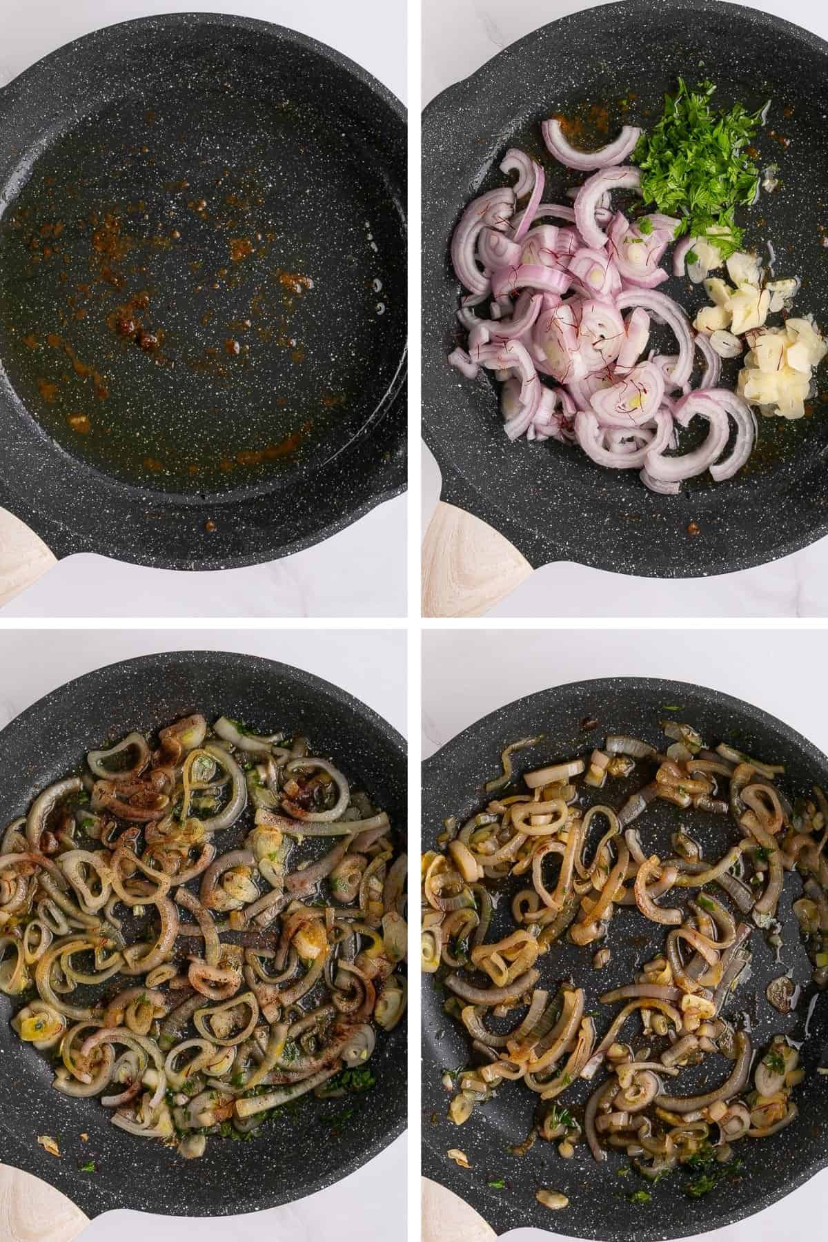 The garlic and shallots are then sautéed in the skillet until caramelized.