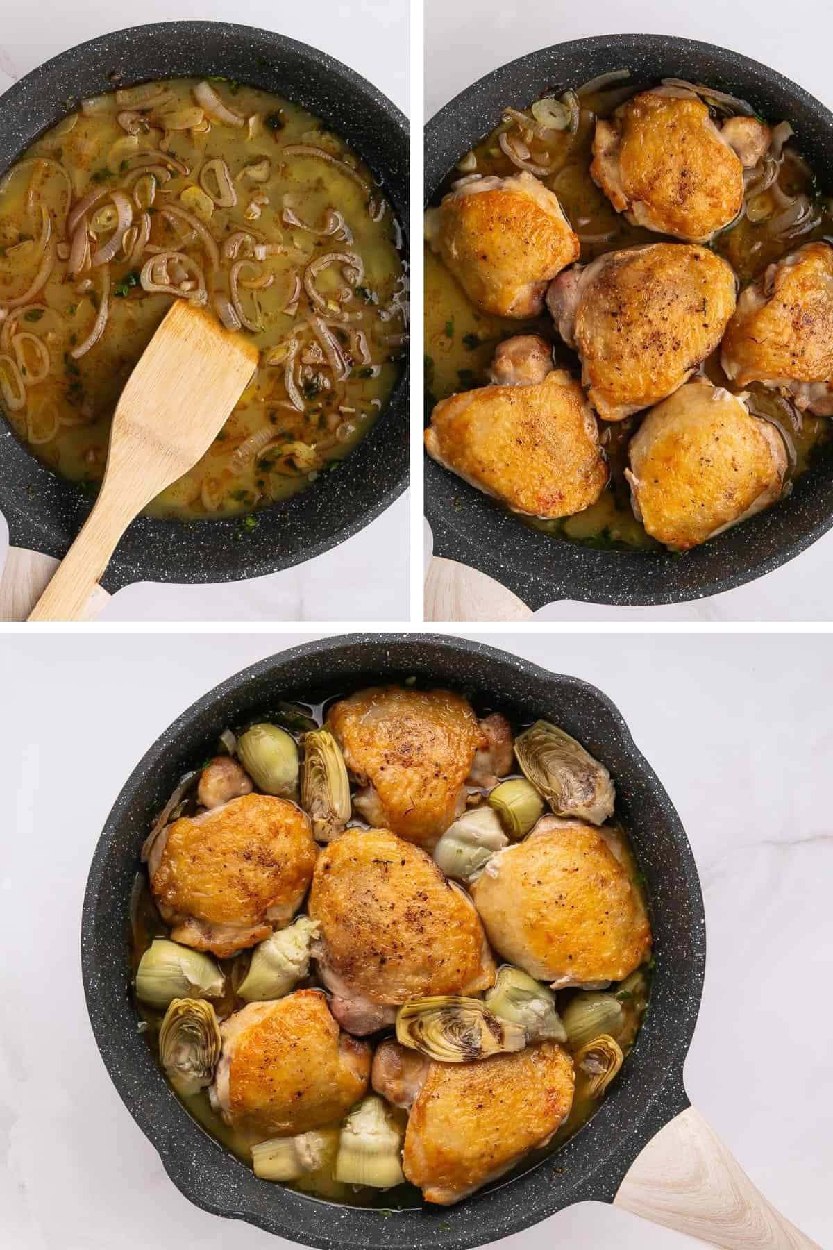 Chicken stock is added to the skillet, the chicken is returned to the pan, and then the artichoke hearts are arranged around the chicken.