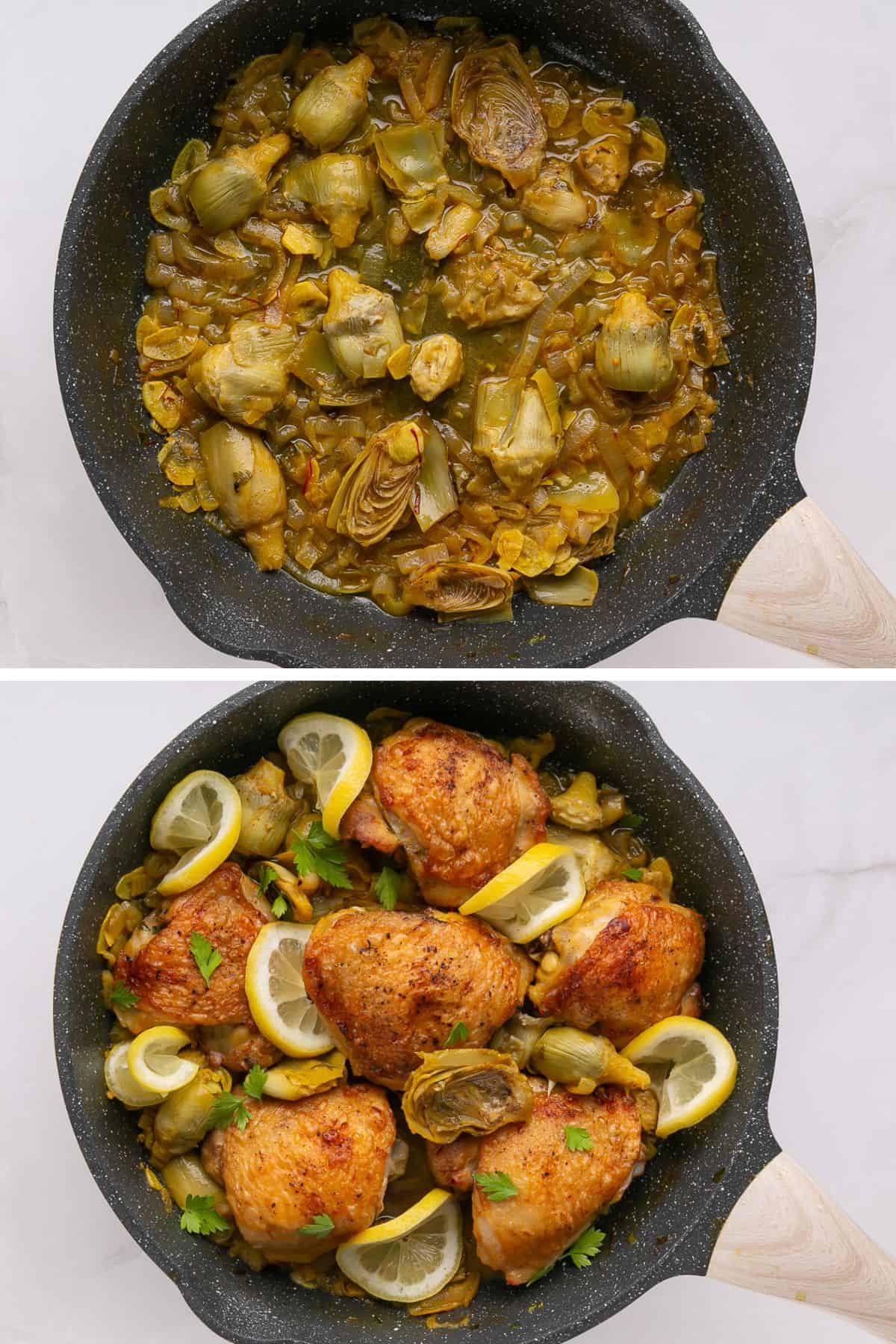 The sauce in the skillet is reduced, then the crispy chicken is put back into the pan, and topped with lemon slices and parsley