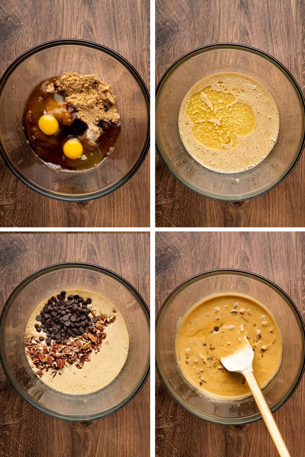 The ingredients for the chocolate pecan bar filling are mixed together until smooth.