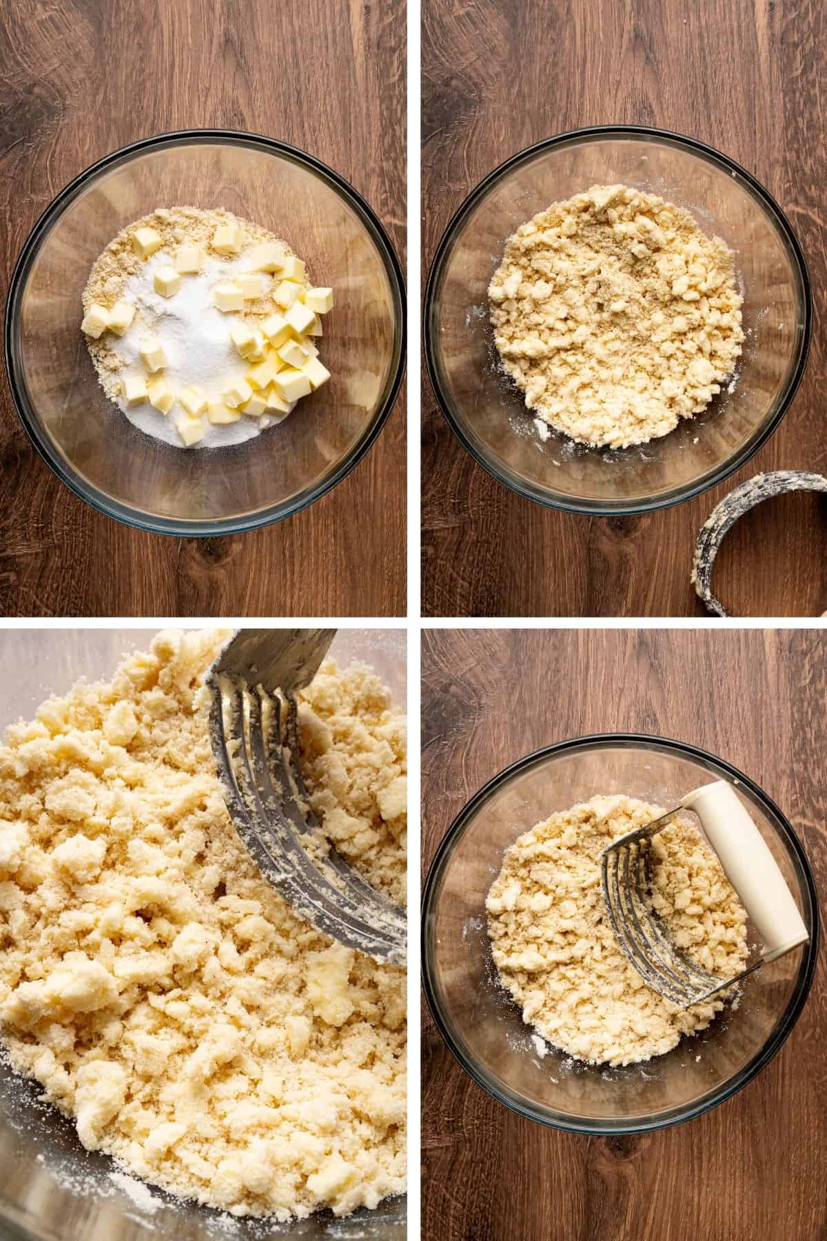 The ingredients to make the crust are mixed together with a pastry blender.