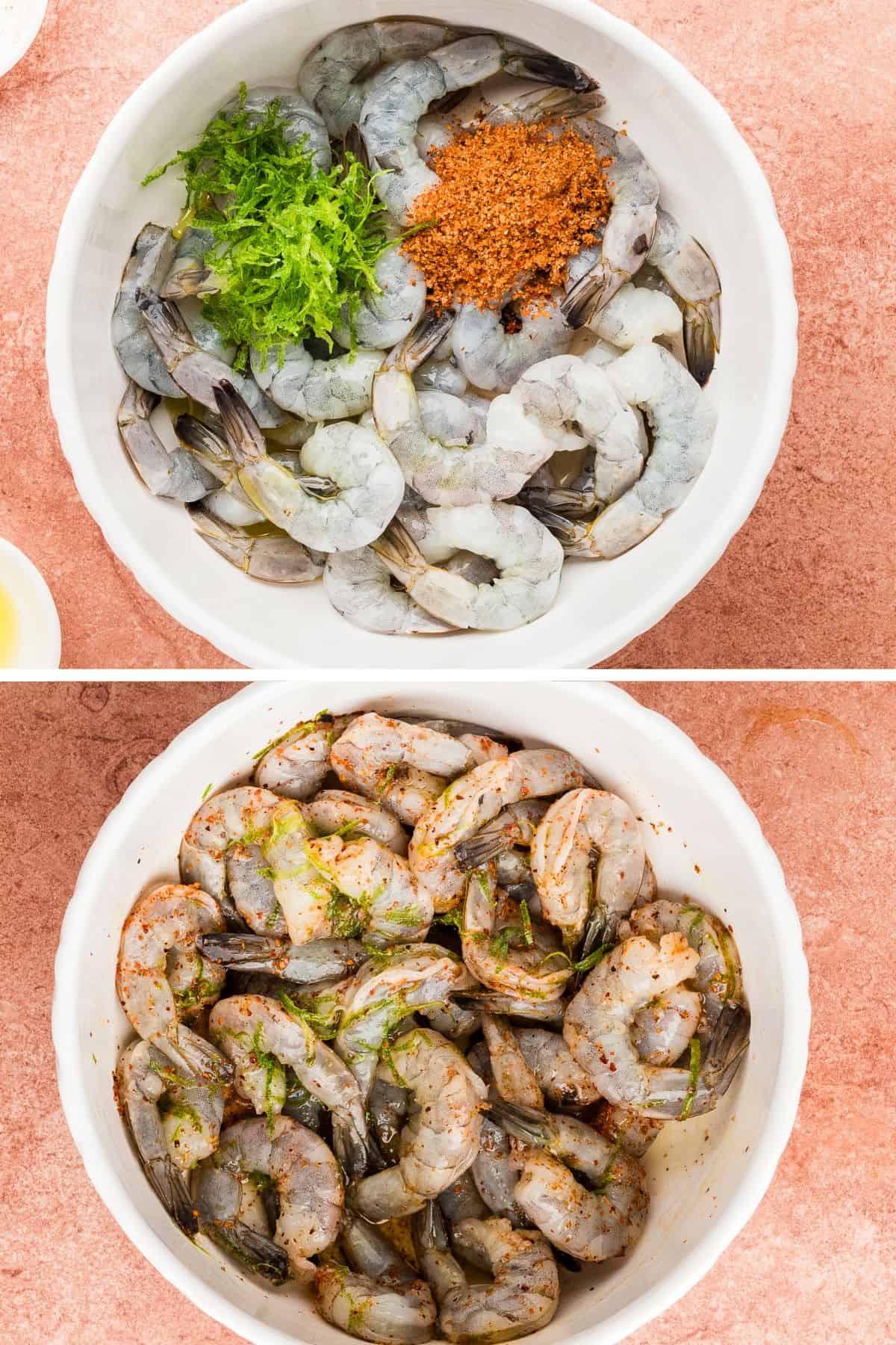 Shrimp, spices, and lime are added to a bowl to marinate. 