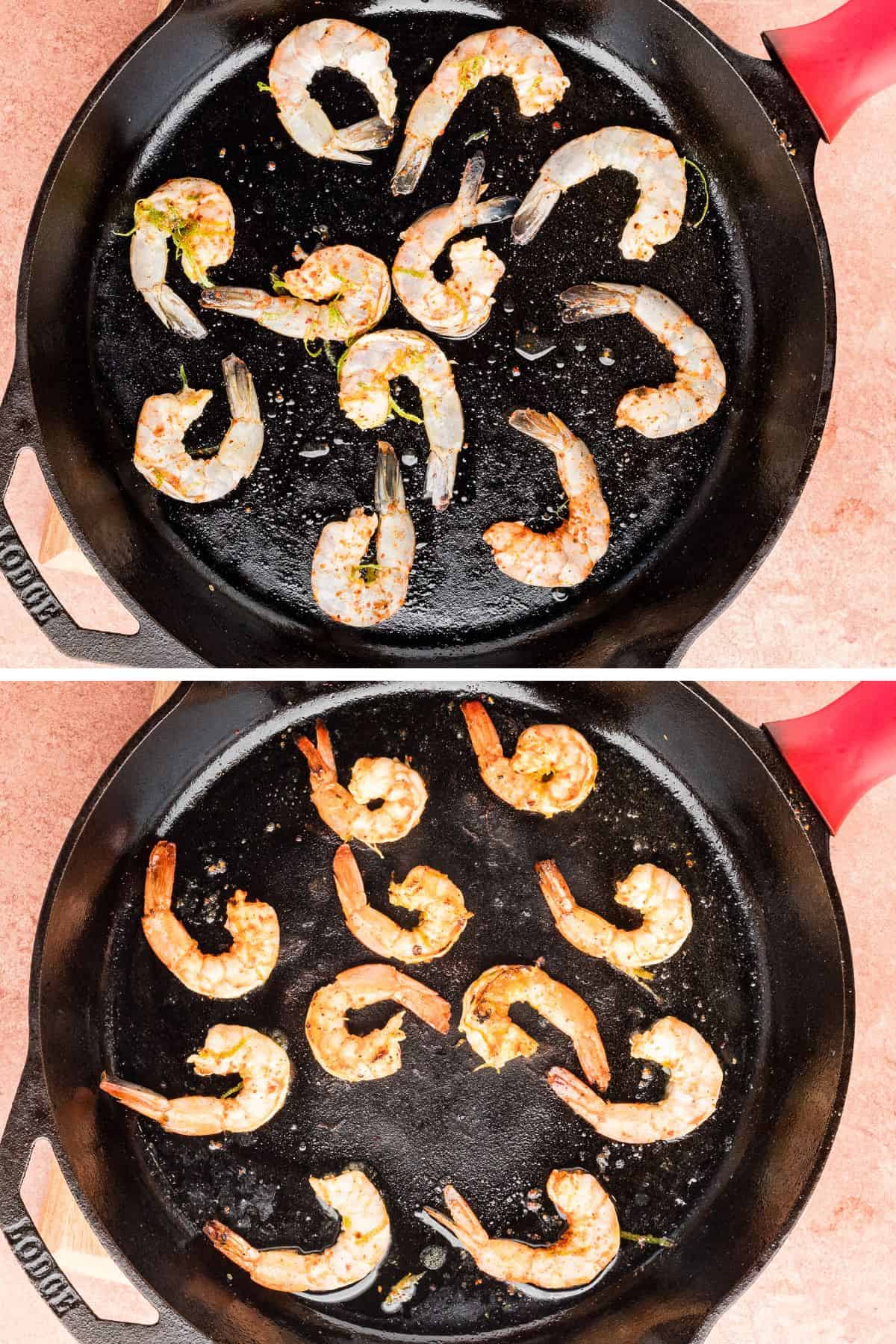 The shrimp are cooked in a cast-iron skillet.