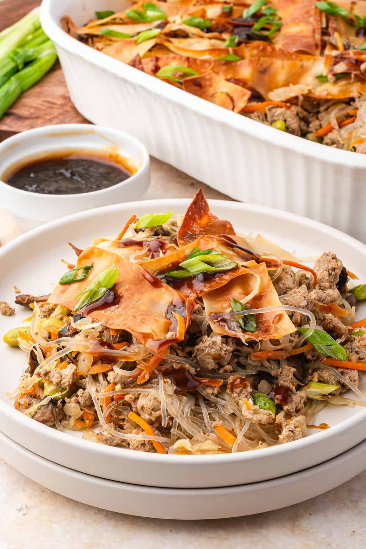 Egg roll casserole on a plate.