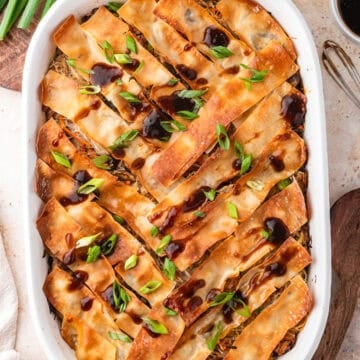 Egg roll casserole with crispy egg roll wrappers on top.