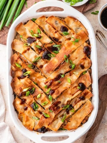 Egg roll casserole with crispy egg roll wrappers on top.