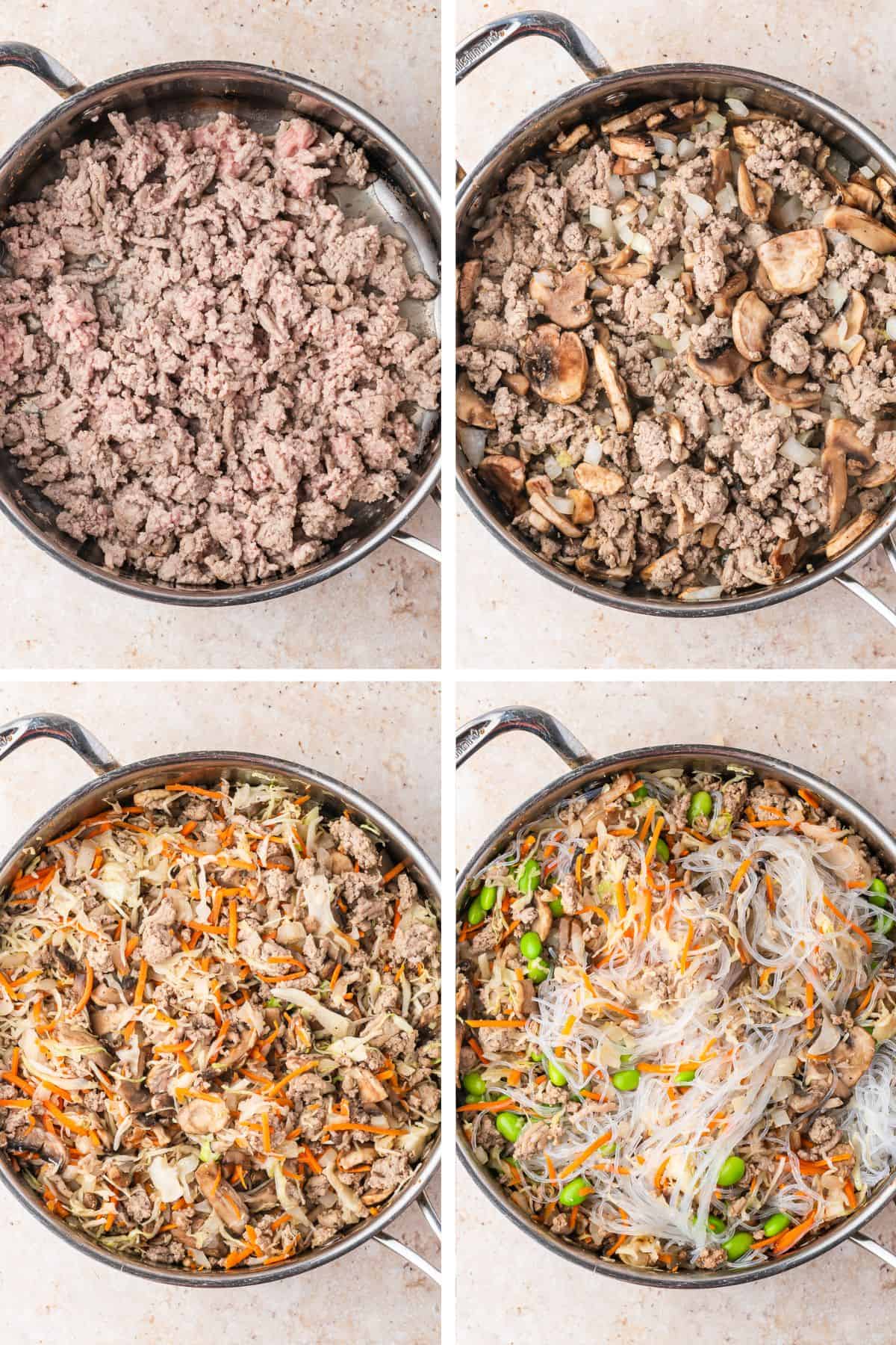 The meat is browned, the mushrooms and onions are added, next the carrots and cabbage, then the noodles and edamame. 