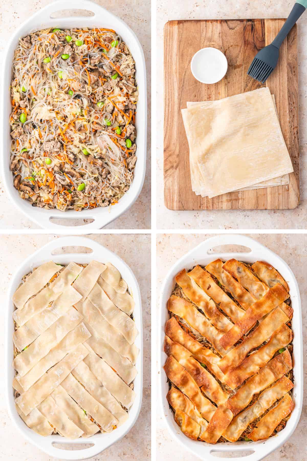 The meat mixture is put into a casserole dish, then topped with egg roll wrappers and cooked until crispy.