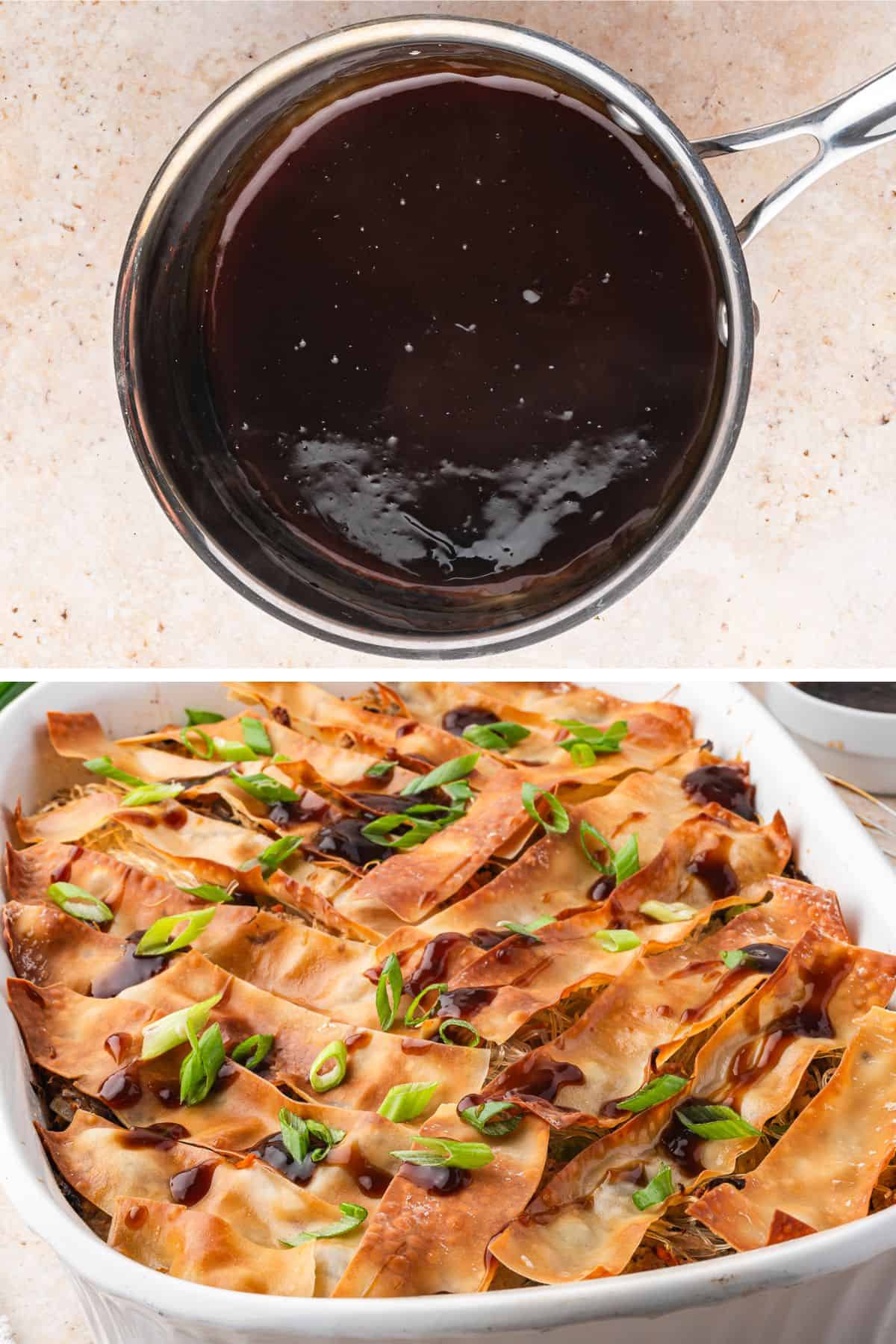 The glaze is drizzled over the top of the egg roll casserole.