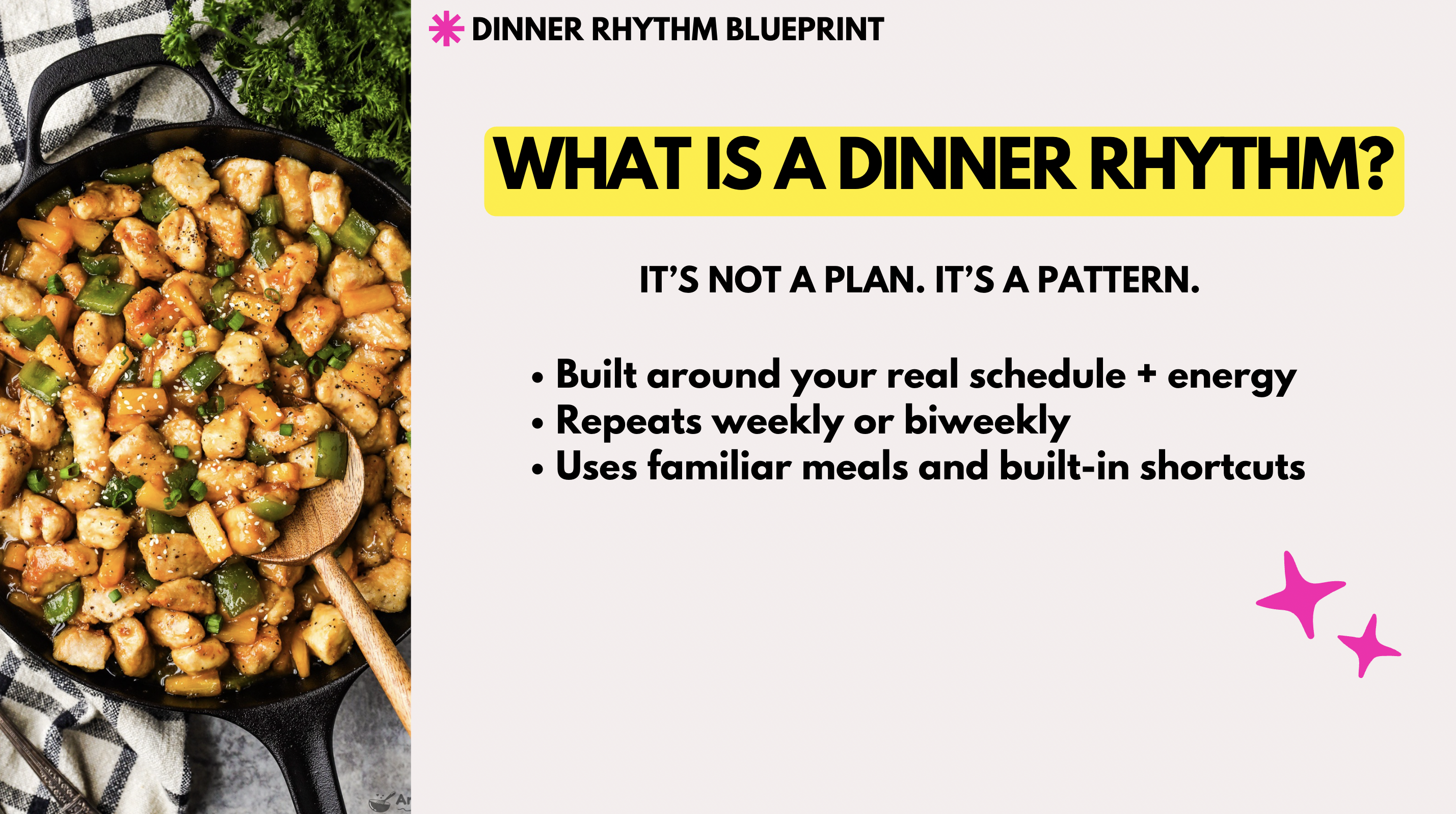 Graphic of dinner recipe with text about what a dinner rhythm is