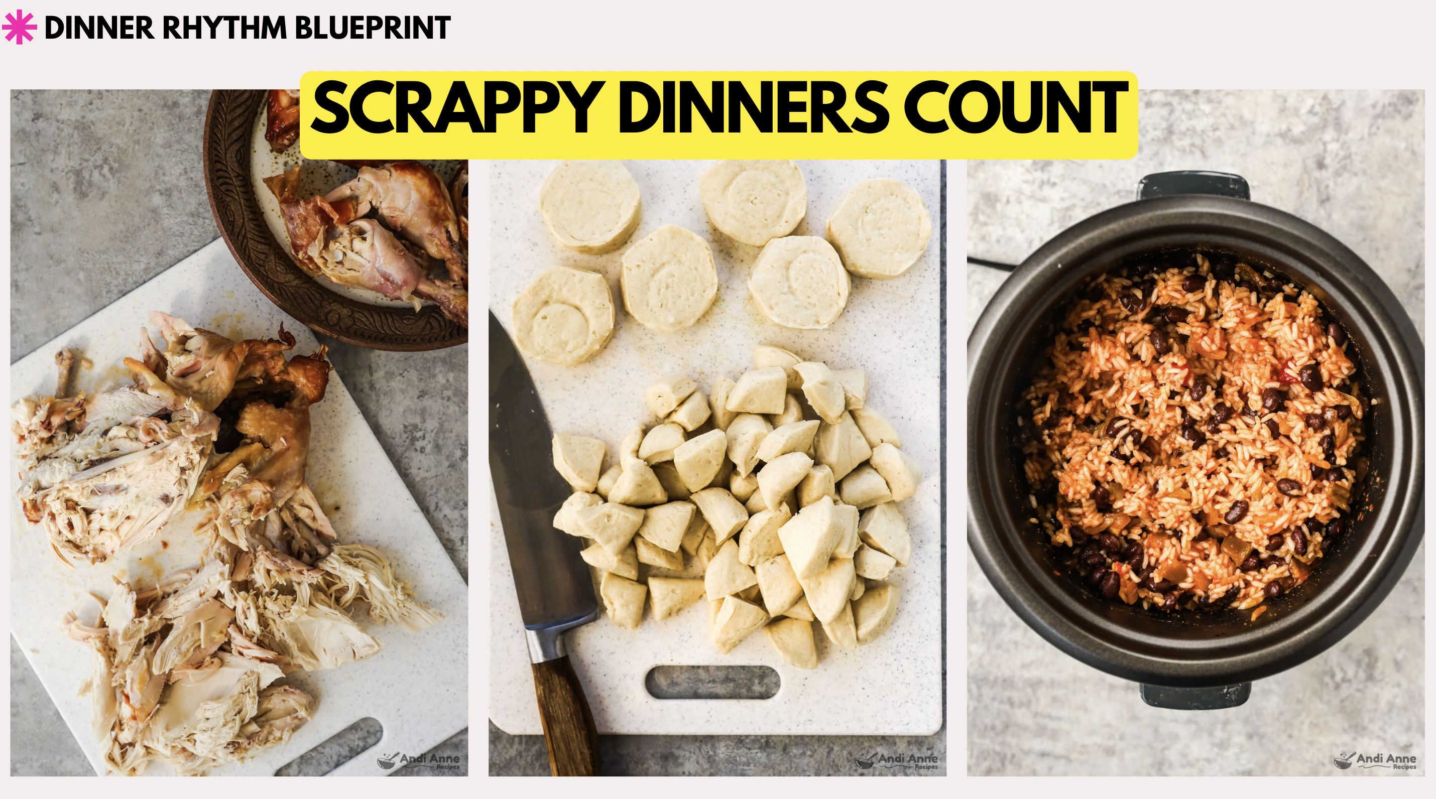 graphic of various cooking ideas with words scrappy dinners count