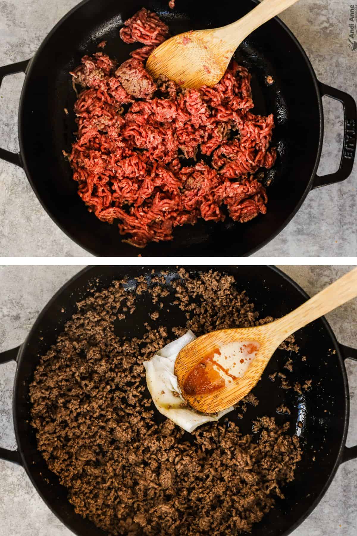 2 images of skillet - first raw ground beef second cooked ground beef