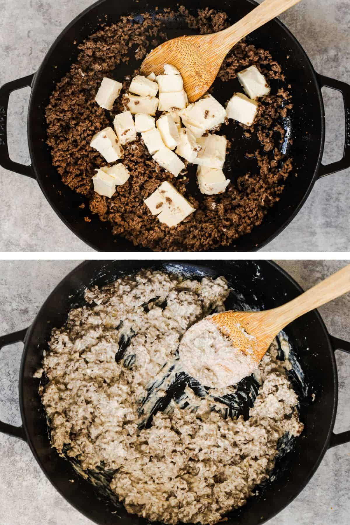 2 images of skillet first with ground beef and cheese chunks, second with cream cheese melted in