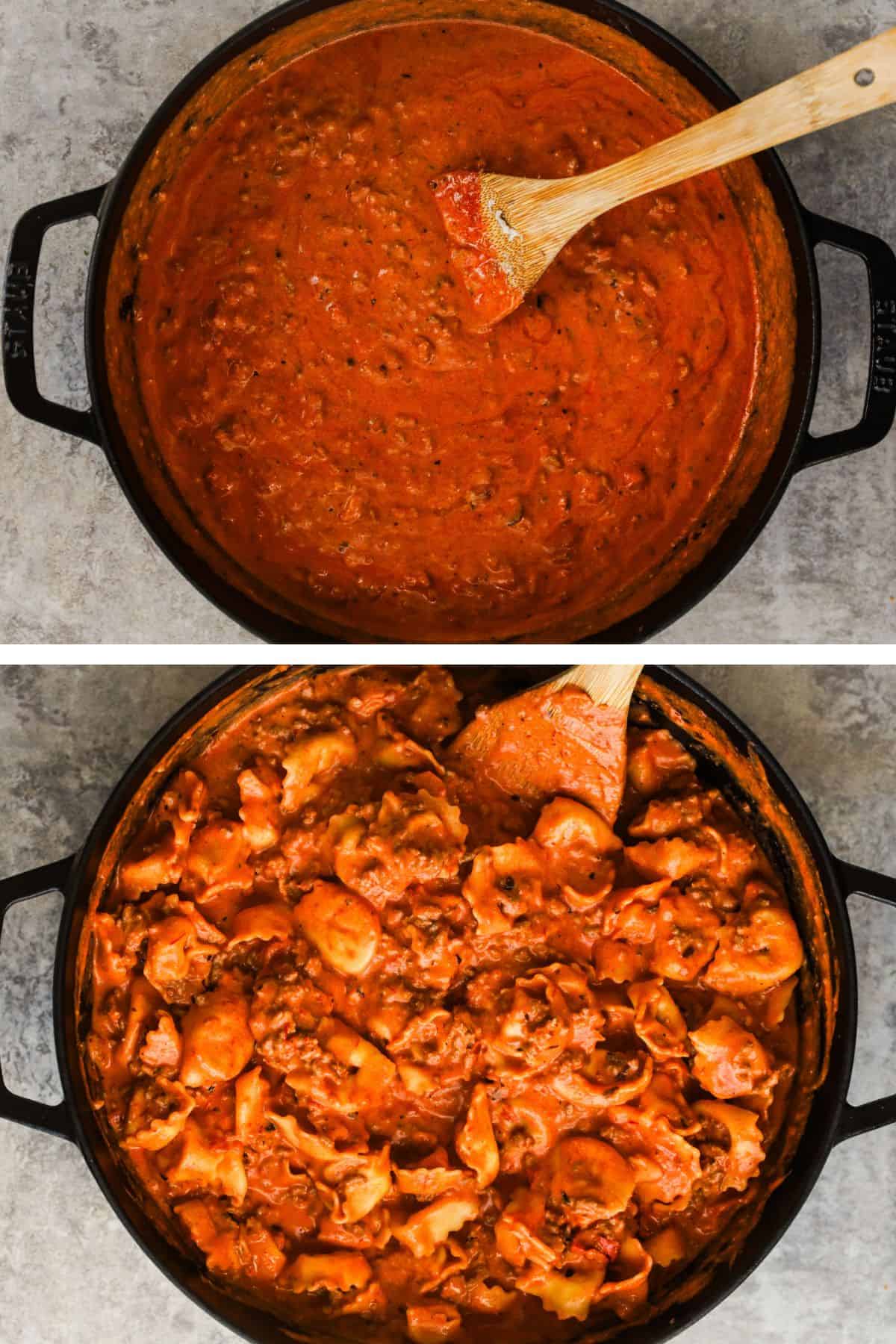 2 images of skillet -first with sauce, next with cheese added