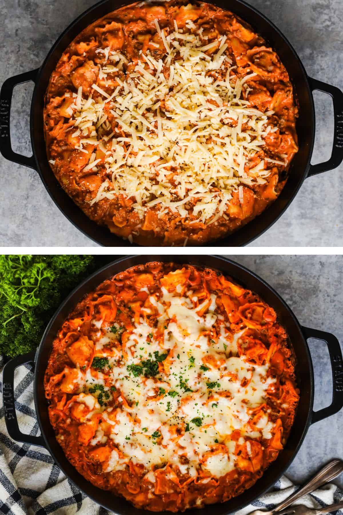 Two images of skillet with baked tortellini - first cheese not melted then melted