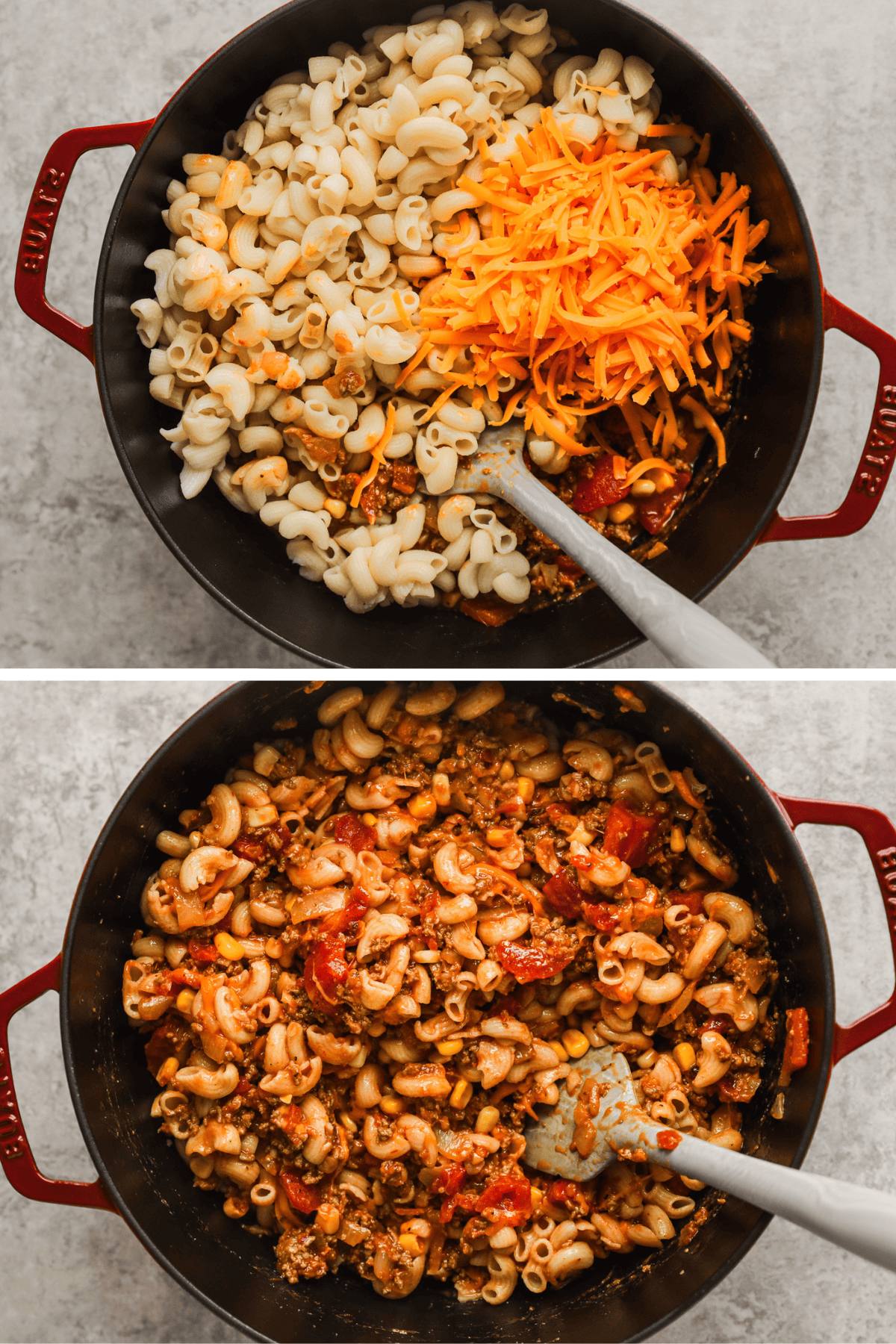 The pasta and cheese are added to the beef sauce and mixed.