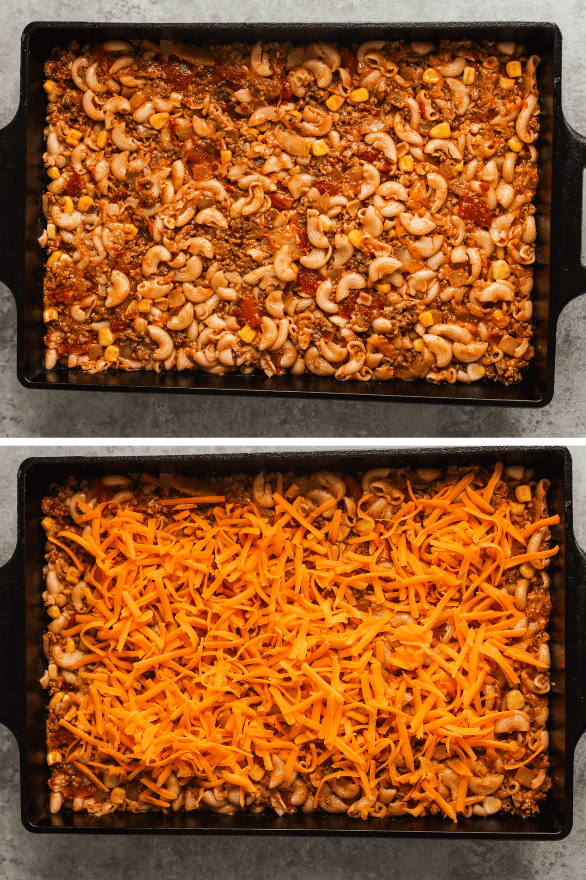 The beef and pasta mixture is added to a casserole dish, then topped with shredded cheese.