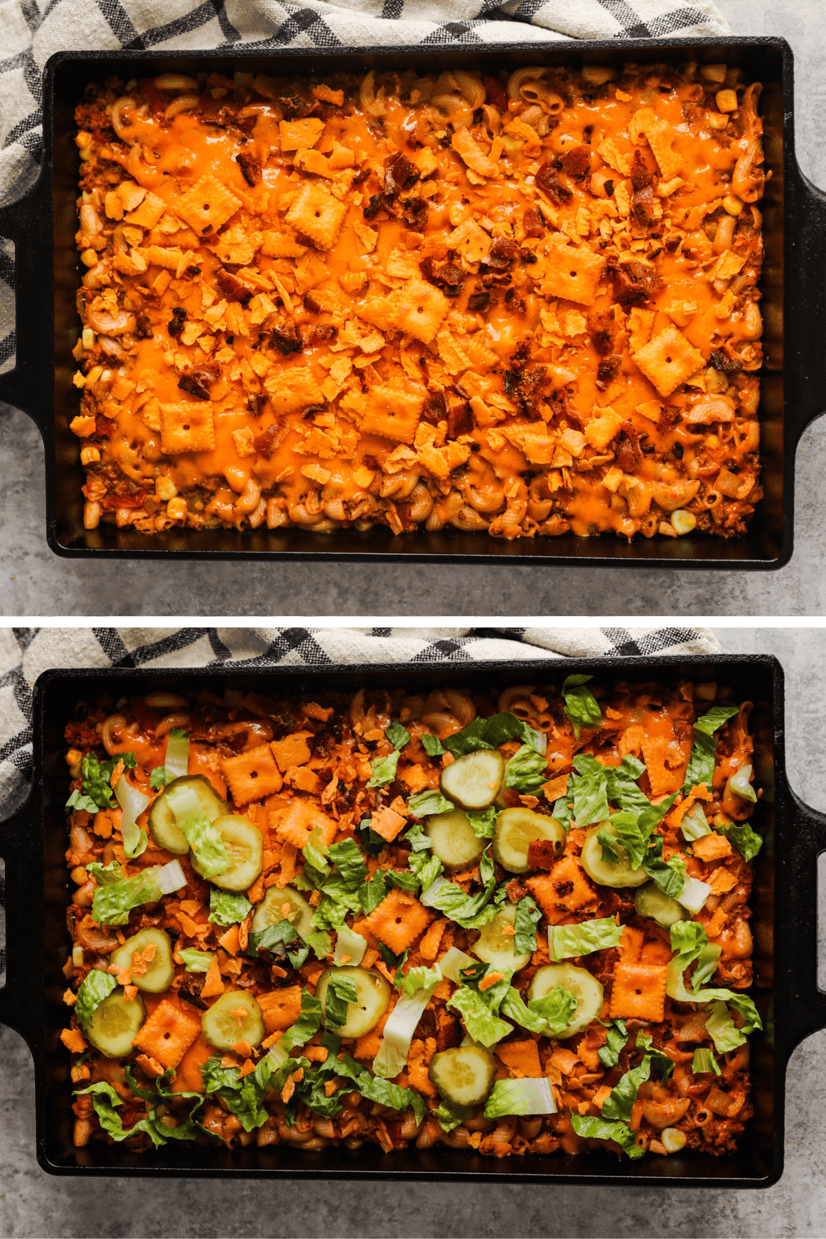 The cheeseburger casserole is topped with cheese crackers, shredded lettuce, and sliced pickles.