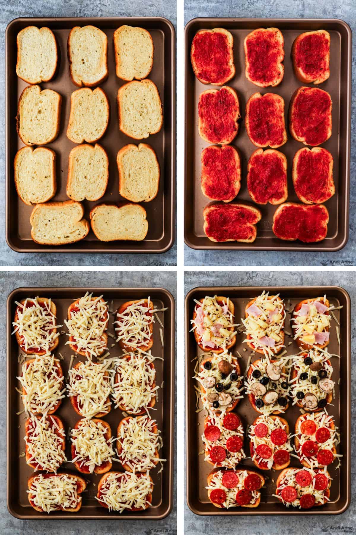 Garlic toast is topped with pizza sauce, then cheese, and then pizza toppings.