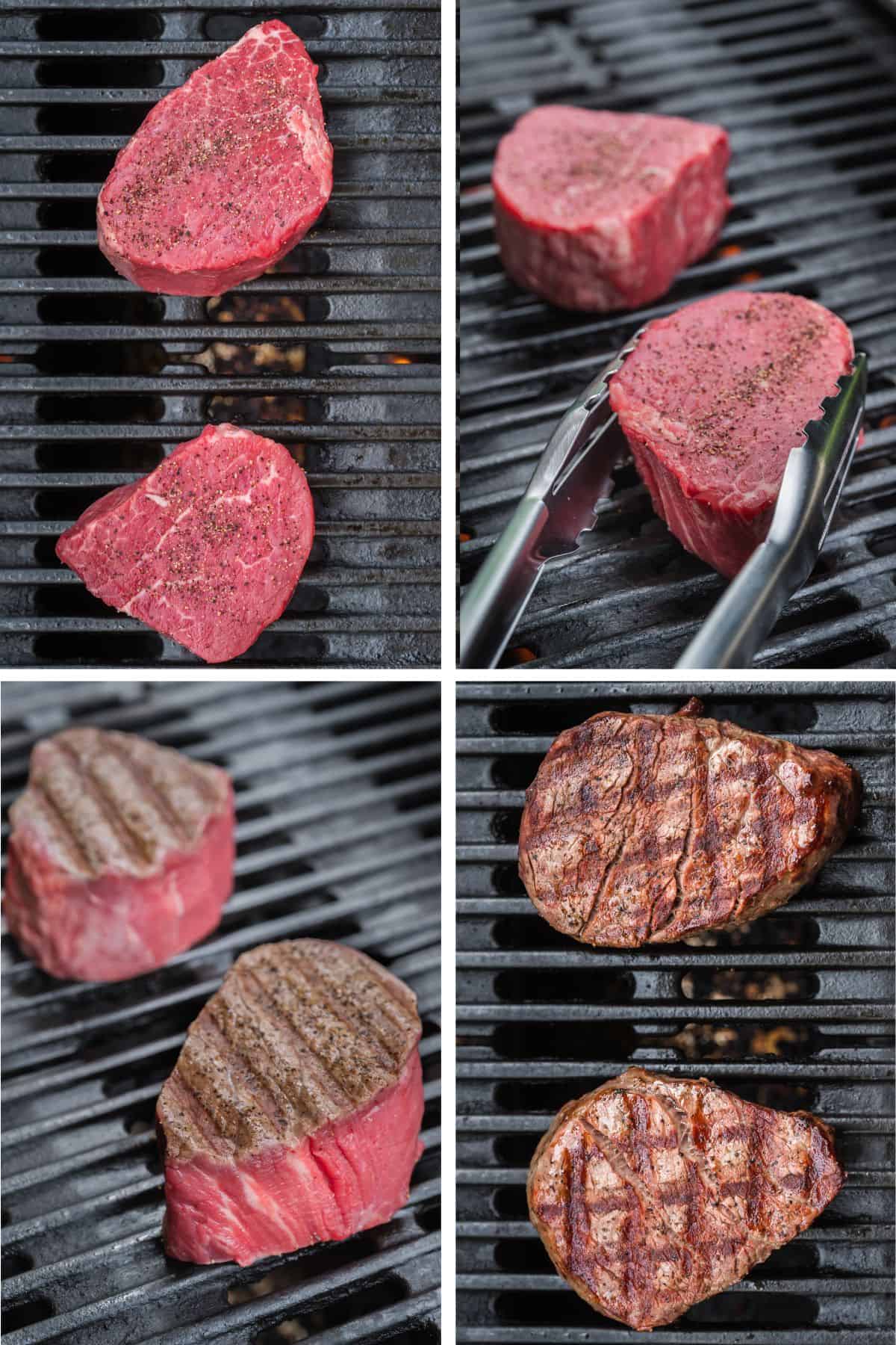 Filet mignon is cooked on a hot grill.