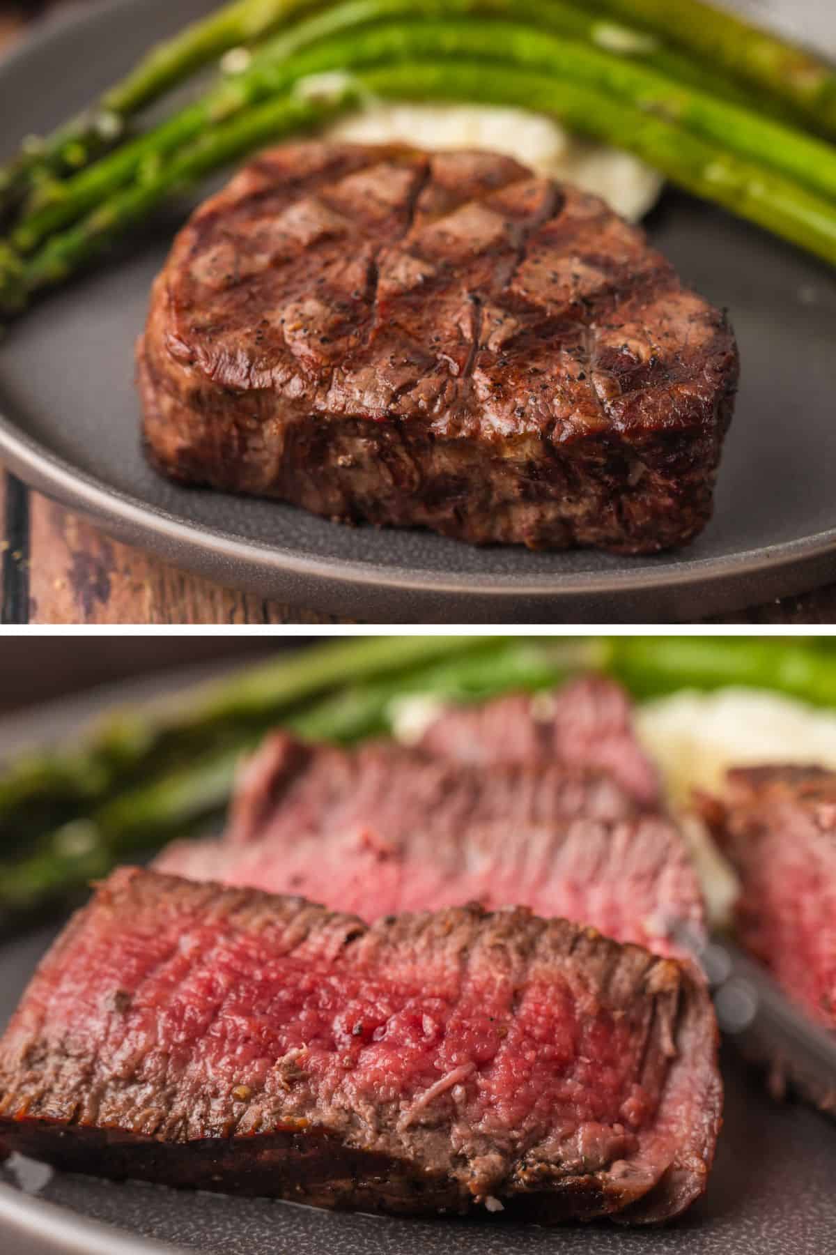 Filet mignon resting on a plate, then sliced.