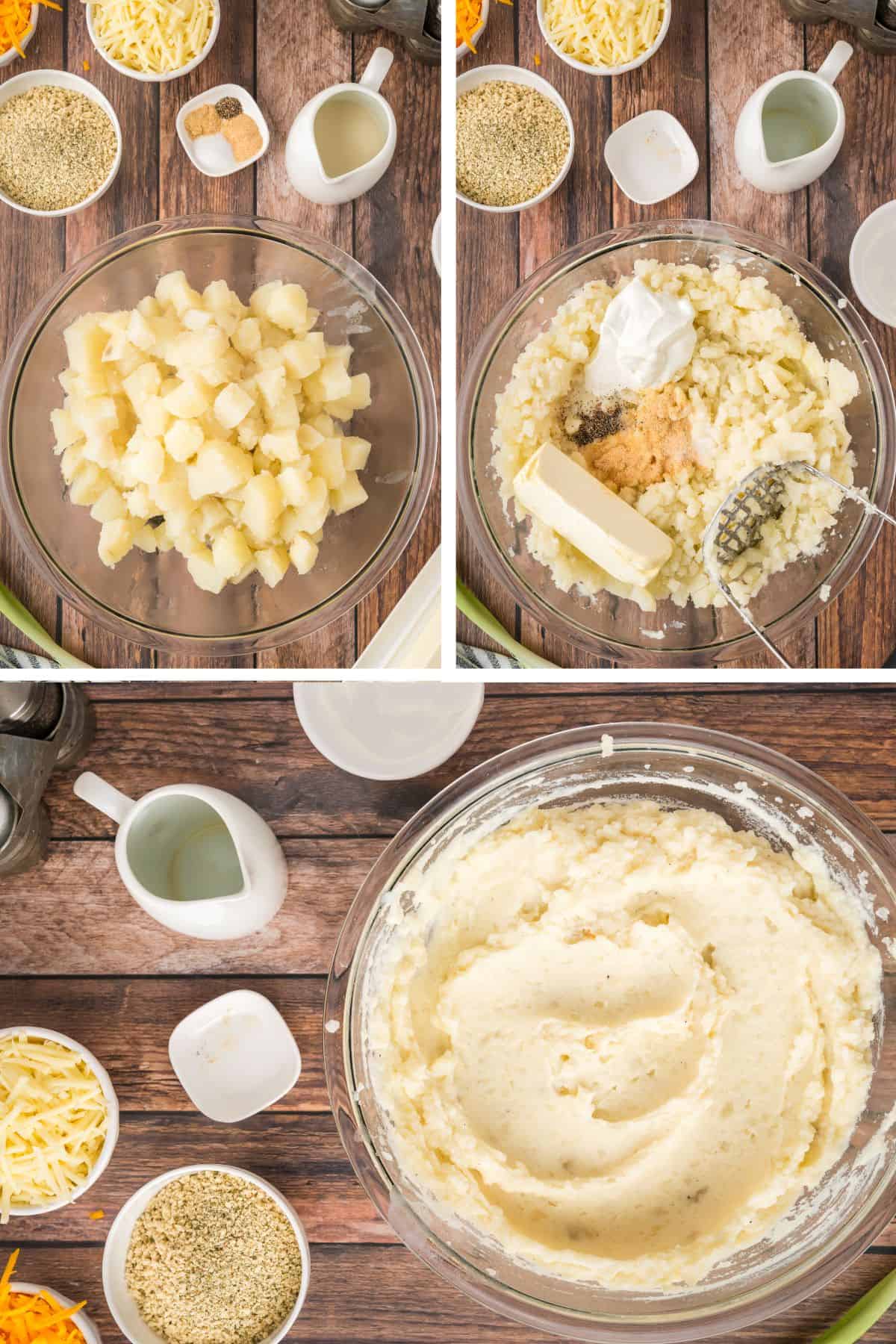 The seasonings are added to the boiled potatoes and mashed until smooth.