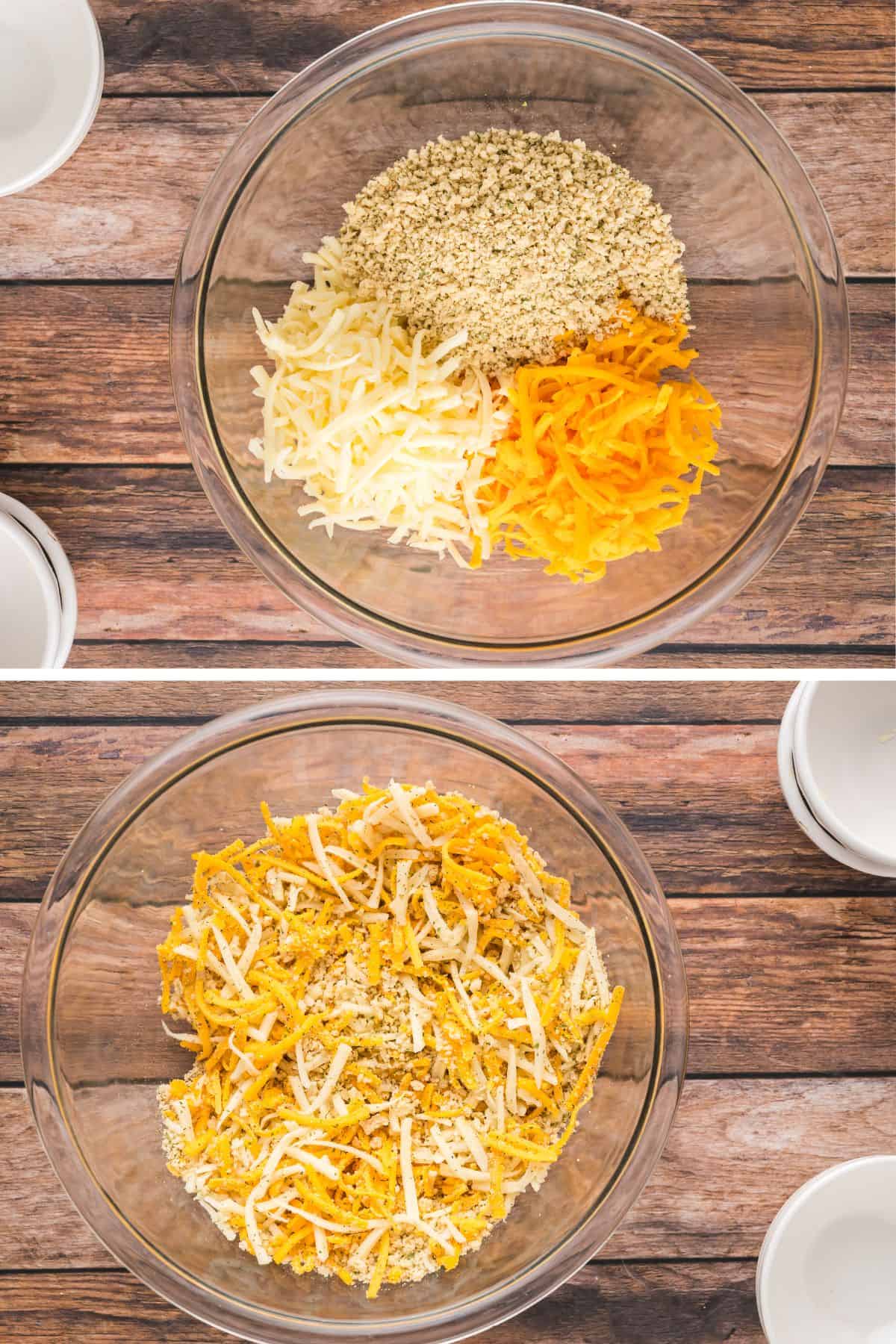 Mozzarella and cheddar cheese are mixed with the Italian panko crumbs.