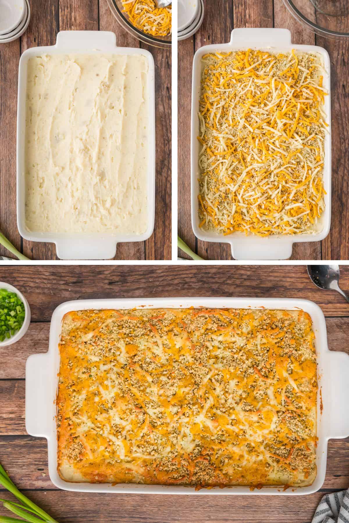 The mashed potatoes are spread into a baking dish, topped with the panko crumbs and cheese, then baked until golden.