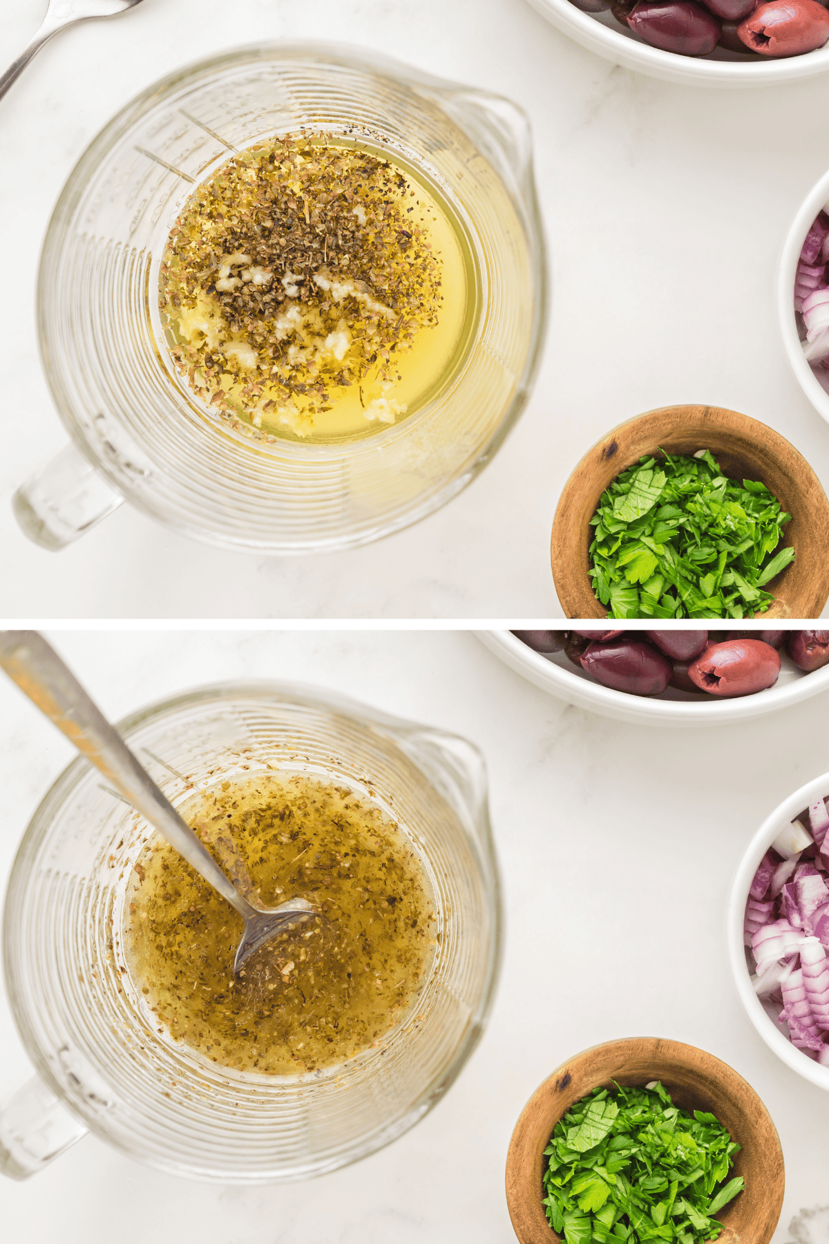 The dressing ingredients are mixed together in a measuring cup.