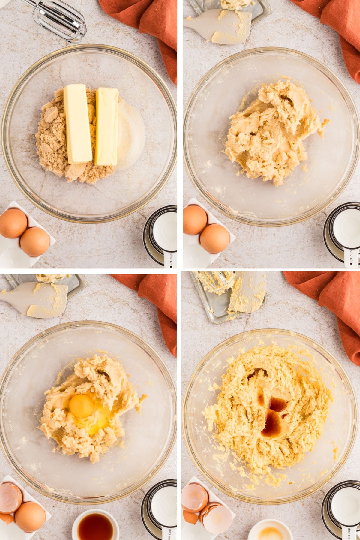 The butter and the sugars are creamed together, then the eggs and vanilla are added and beaten in.