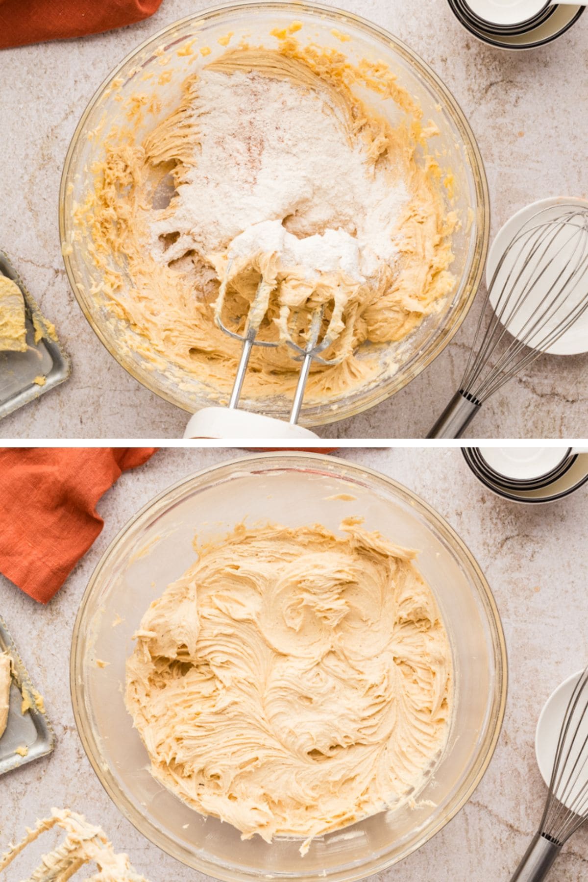 The flour is added to the egg, butter, and sugar mixture.