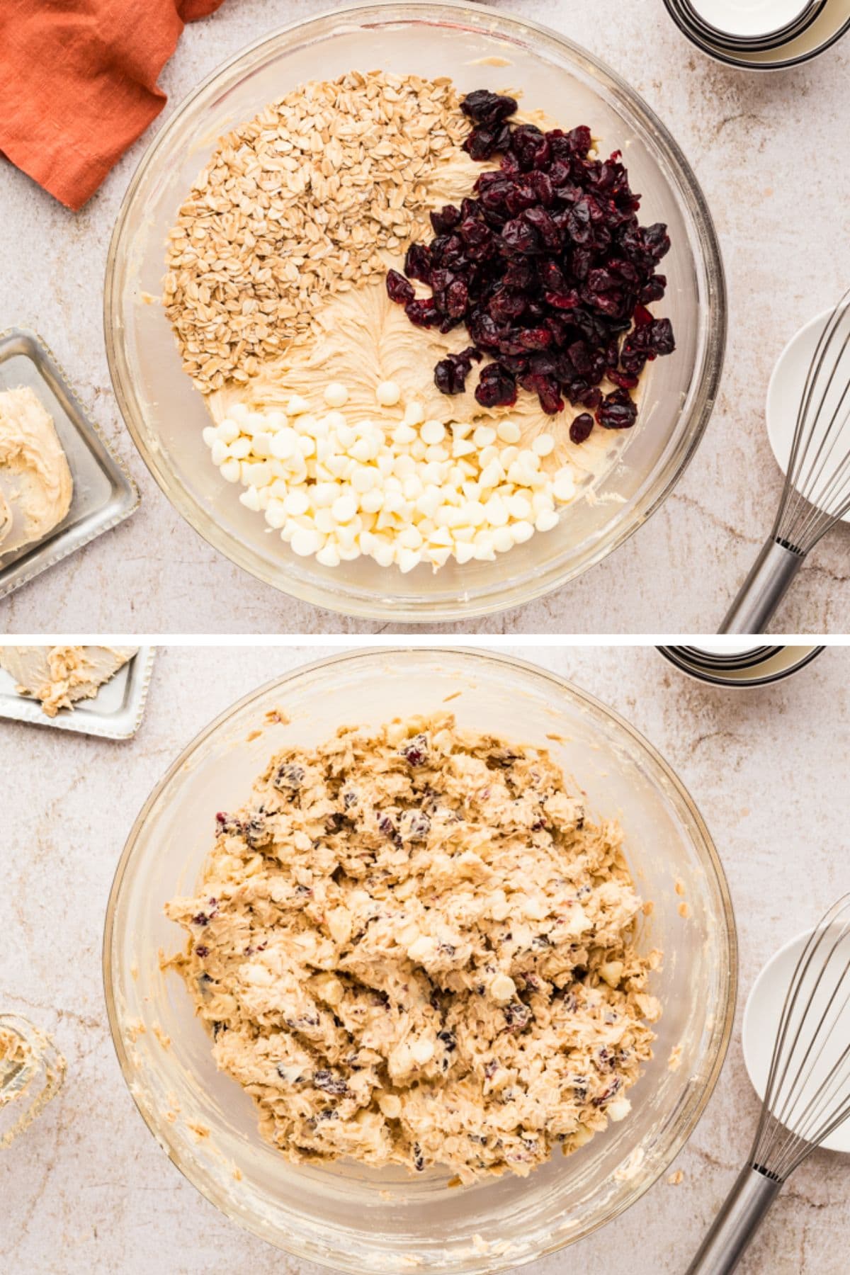 The dried cranberries, white chocolate chips, and oats are mixed into the cookie dough.