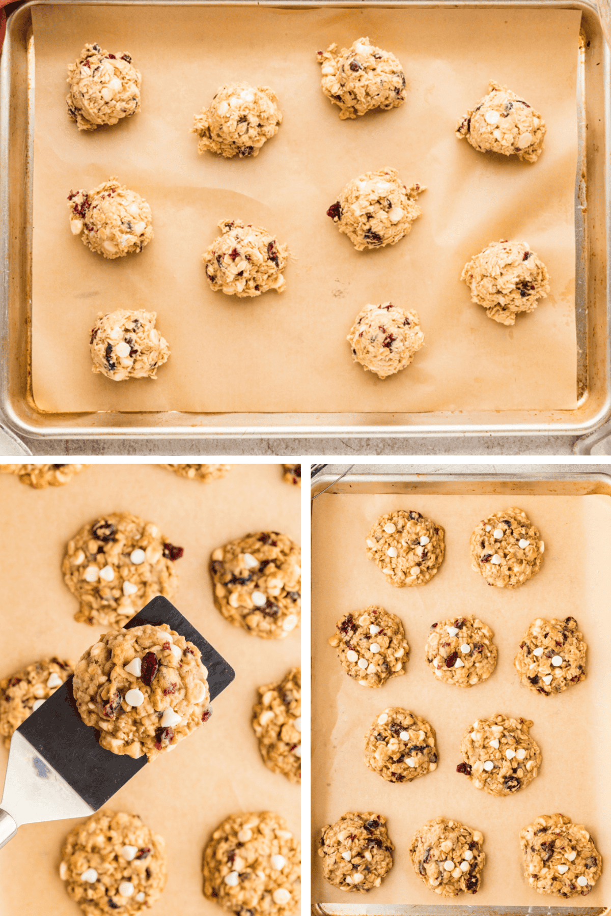 The cookies are scooped and placed onto baking sheets, then baked until the edges are golden.