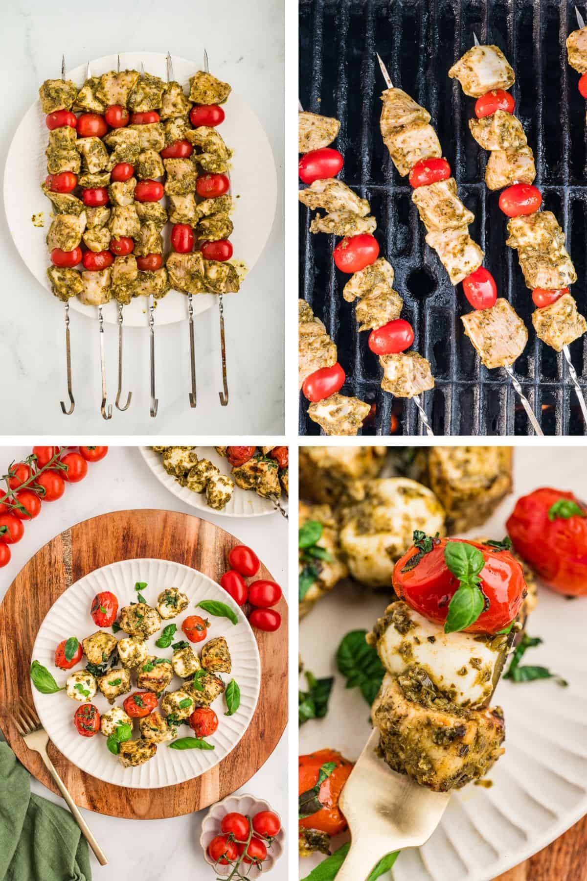 The chicken and tomatoes are put on the skewers, grilled, and then the mozzarella balls are added to the cooked skewers on a plate.