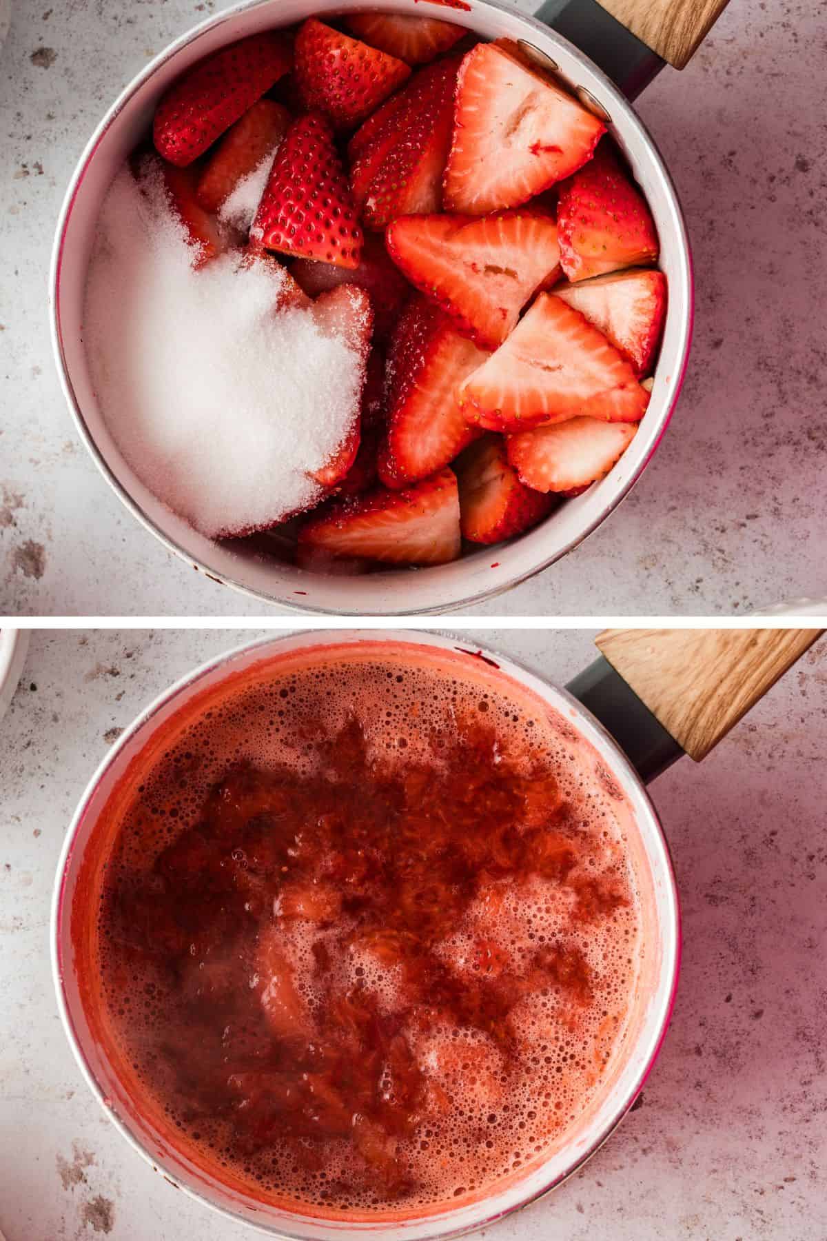 The strawberries, sugar, and lemon juice are cooked in a pot until a syrup is formed.
