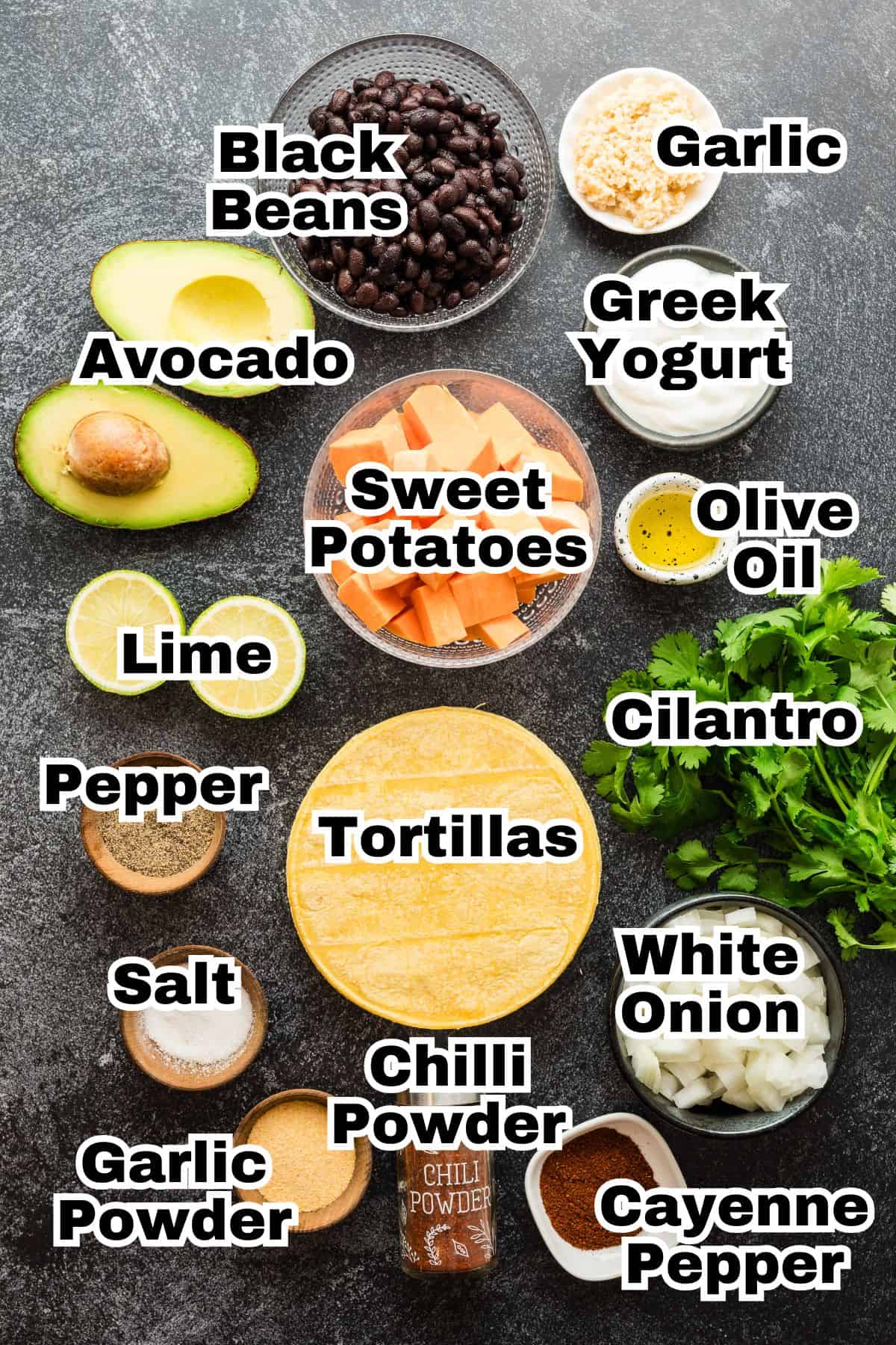 The ingredients to make sweet potato and black bean tacos.