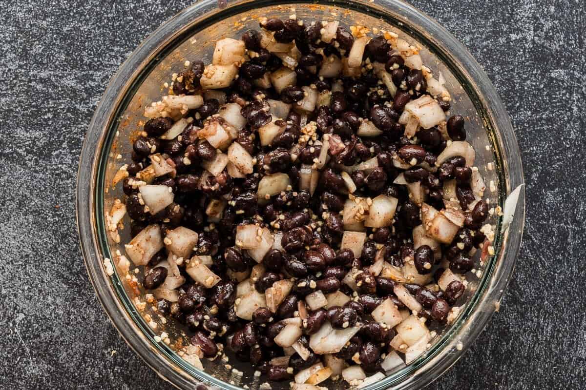 bowl of beans, onion and garlic