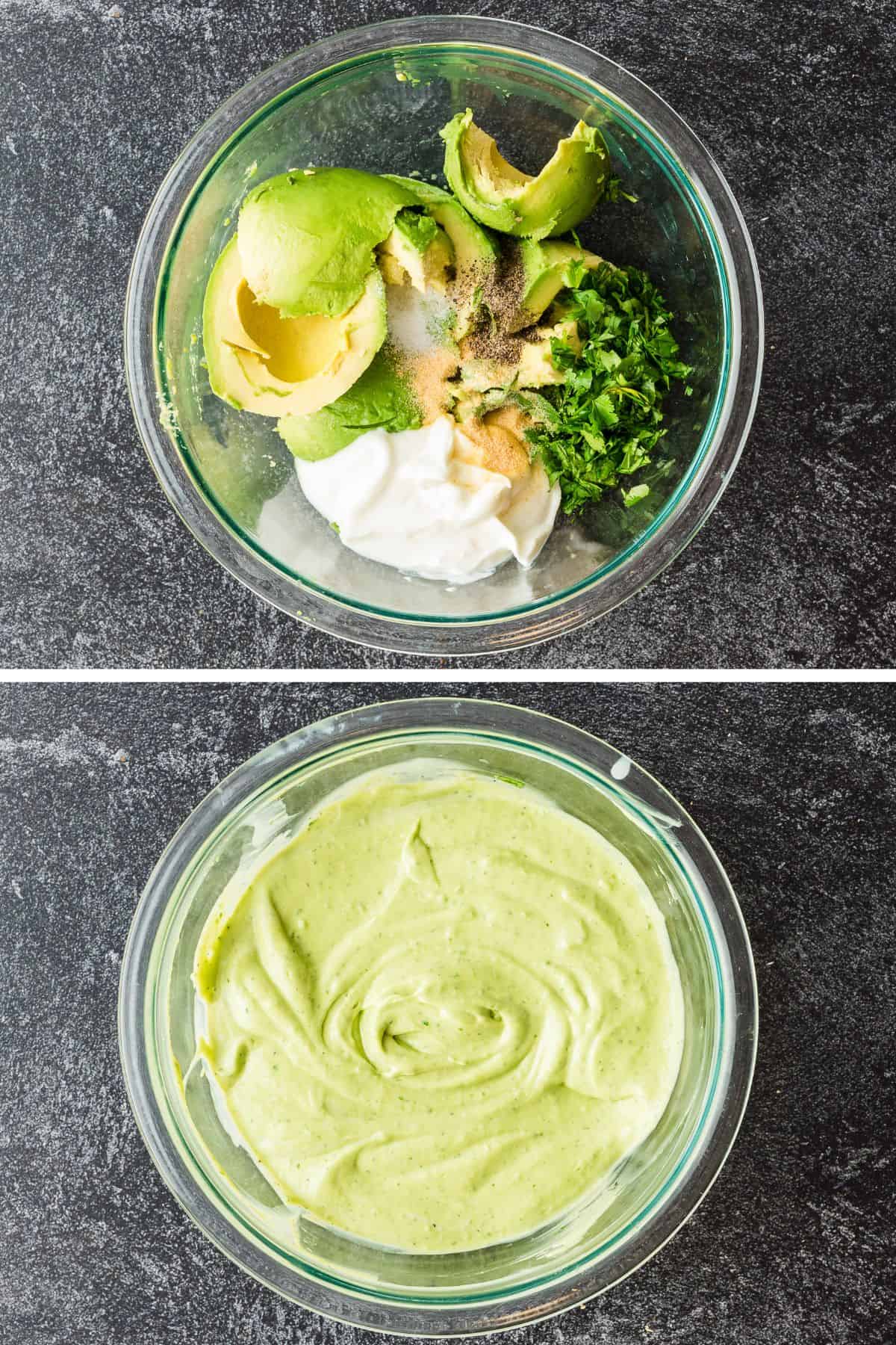 Avocados, Greek yogurt, cilantro, salt, pepper, garlic powder, and lime juice are mixed until smooth.