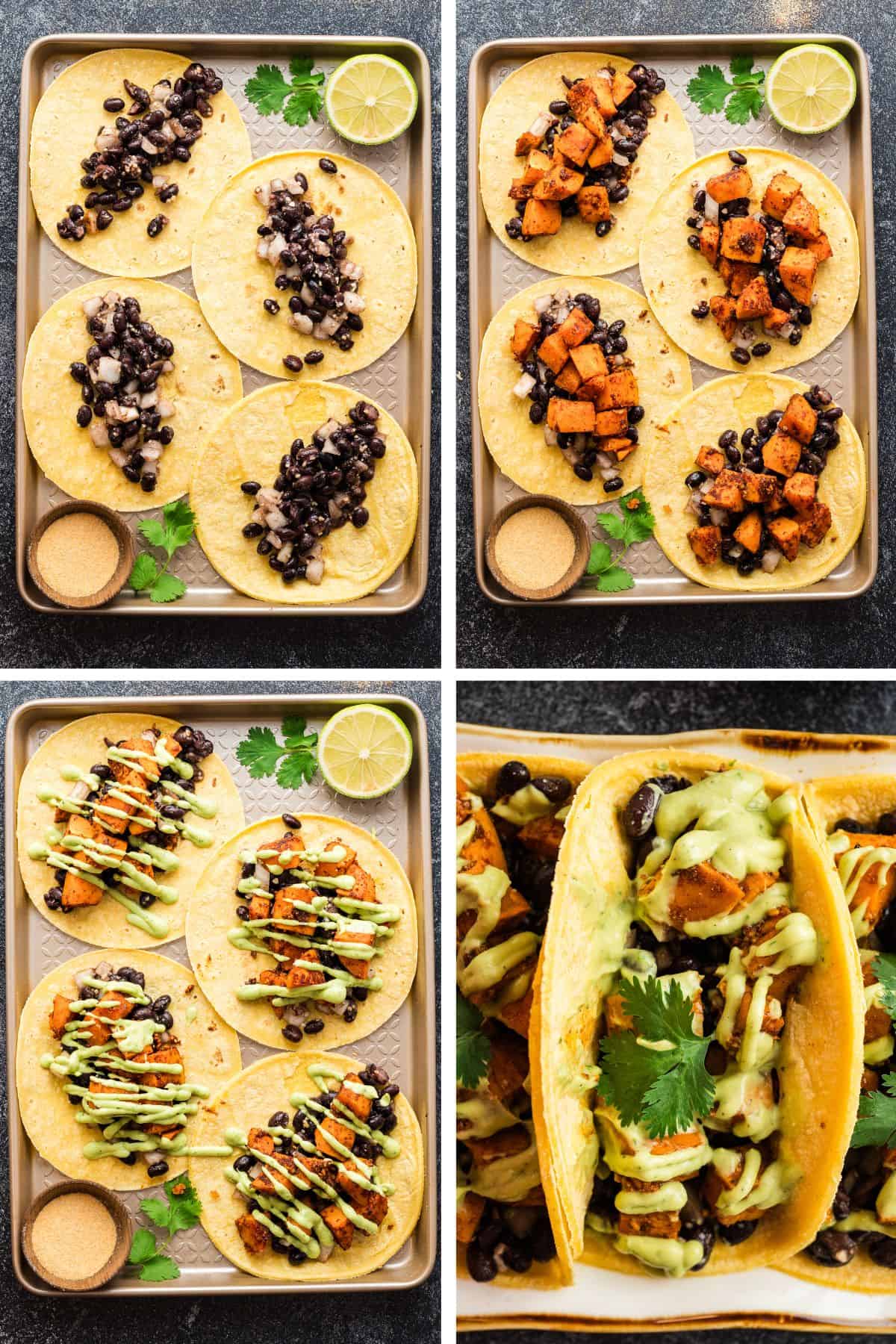 The tacos are assembled with corn tortillas, black beans, sweet potatoes, avocado crema, and then topped with cilantro.