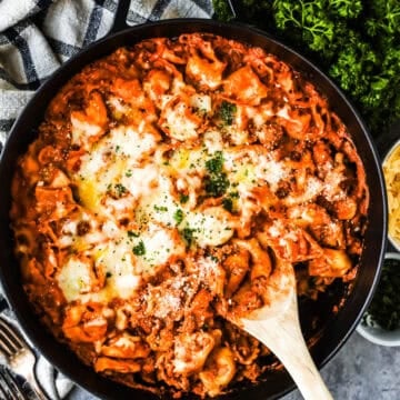 skillet with baked tortellini casserole