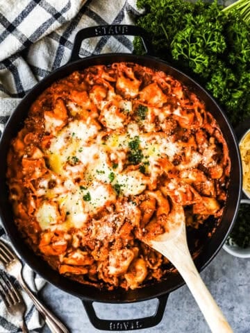skillet with baked tortellini casserole