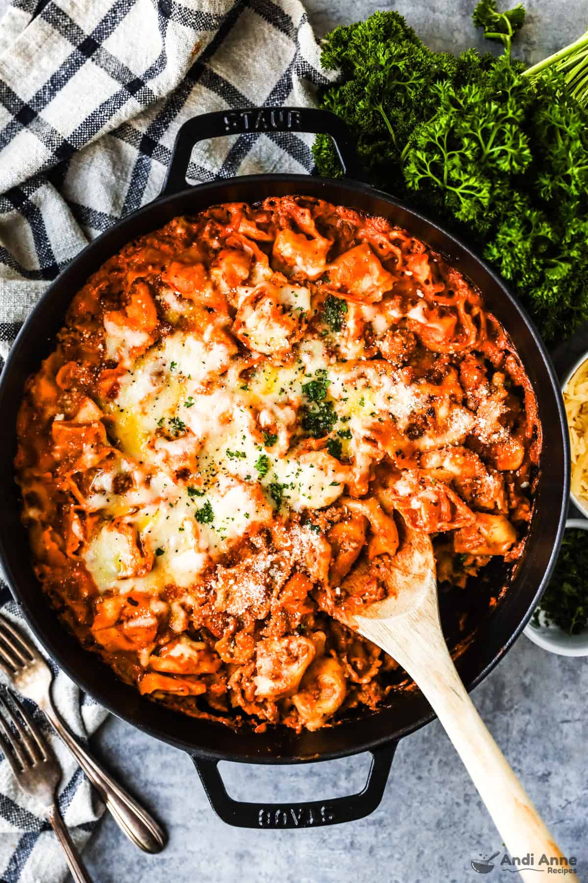 baked tortellini casserole recipe in a skillet