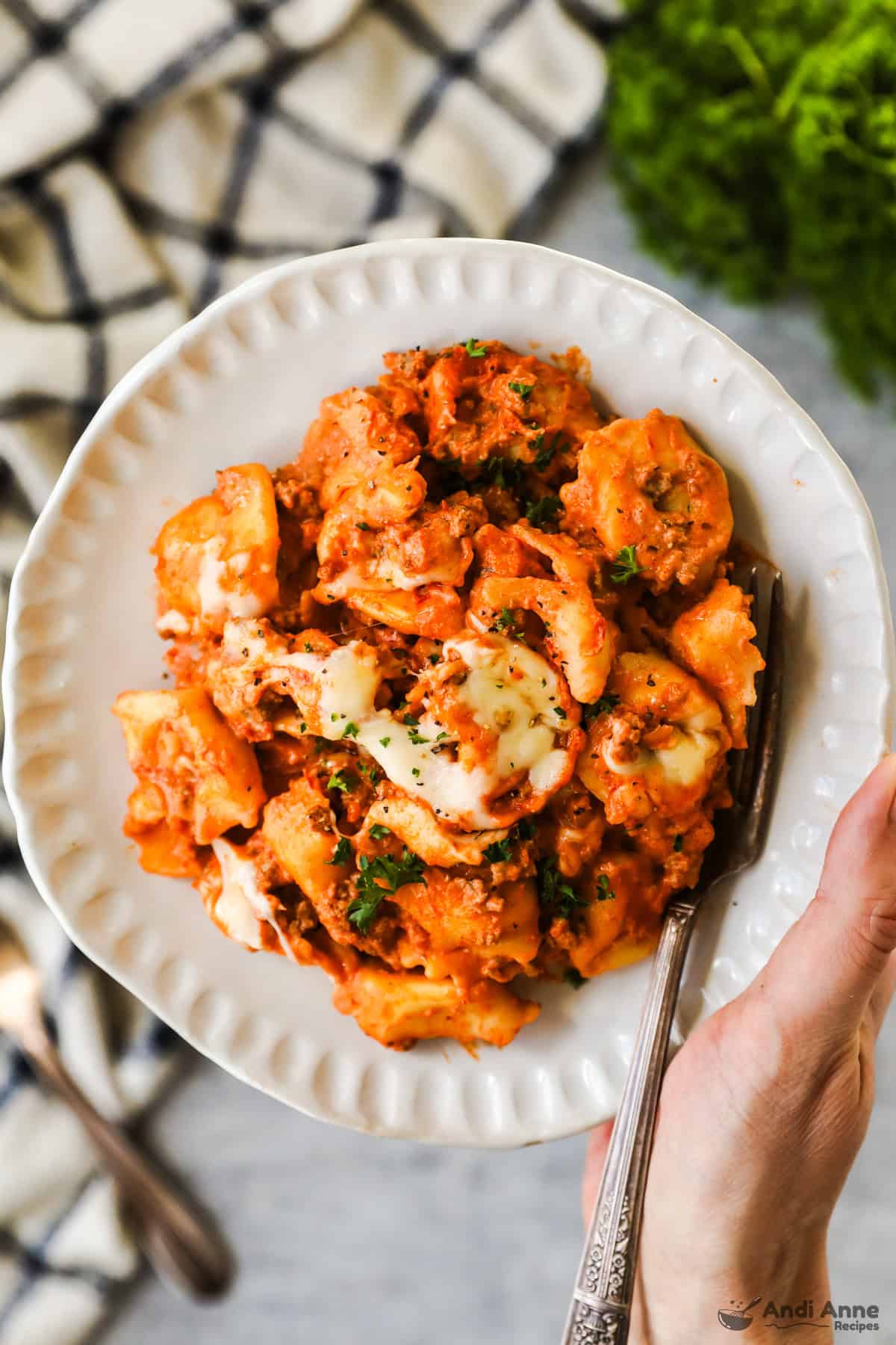 plate with tortellini covered in sauce and cheese