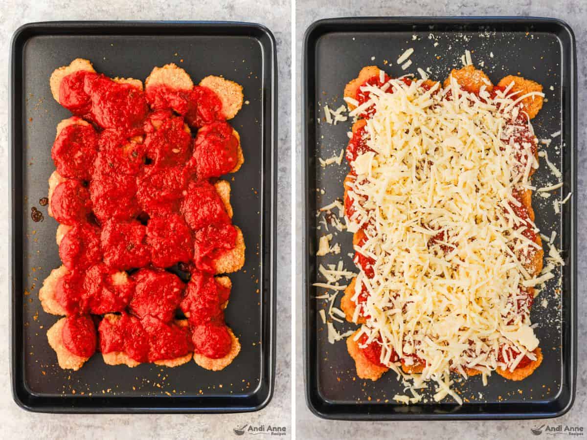 chicken nuggets first topped with marinara sauce then sprinkled with cheese